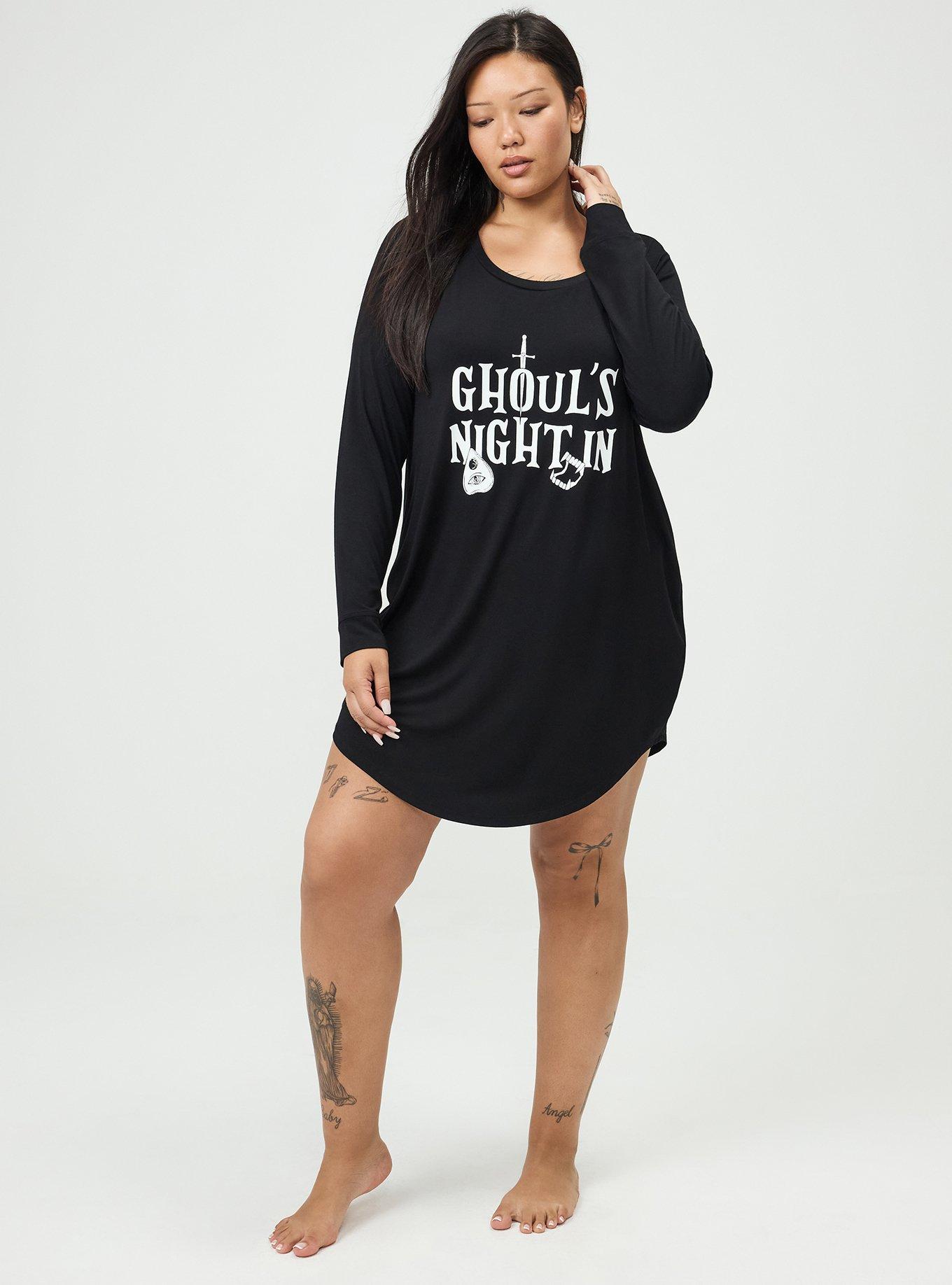 Plus Size Super Soft Long Sleeve Sleep Gown, GHOULS NIGHT BLACK, hi-res