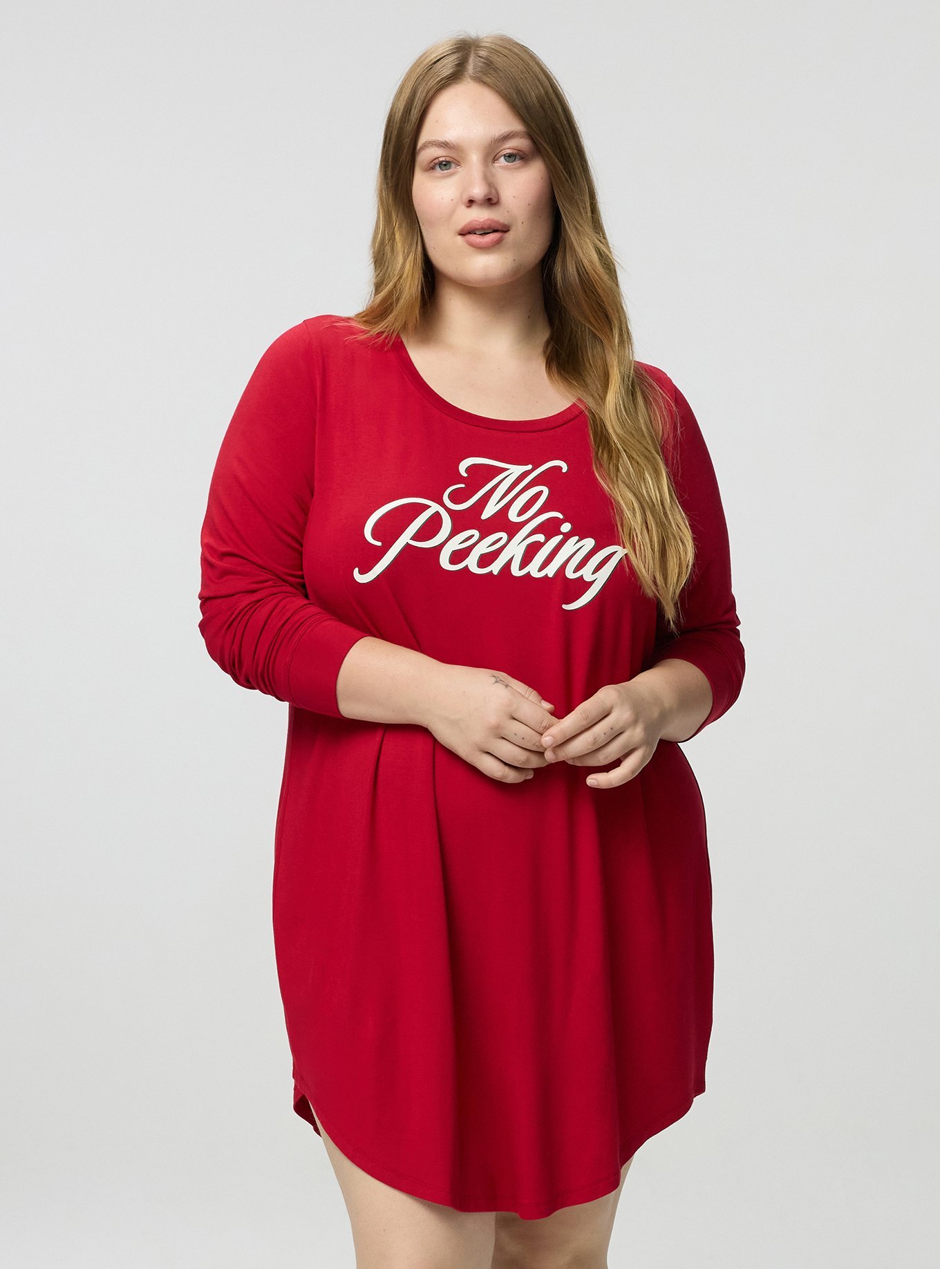 Super Soft Long Sleeve Sleep Gown, NO PEEKING RED GRAPHIC, alternate