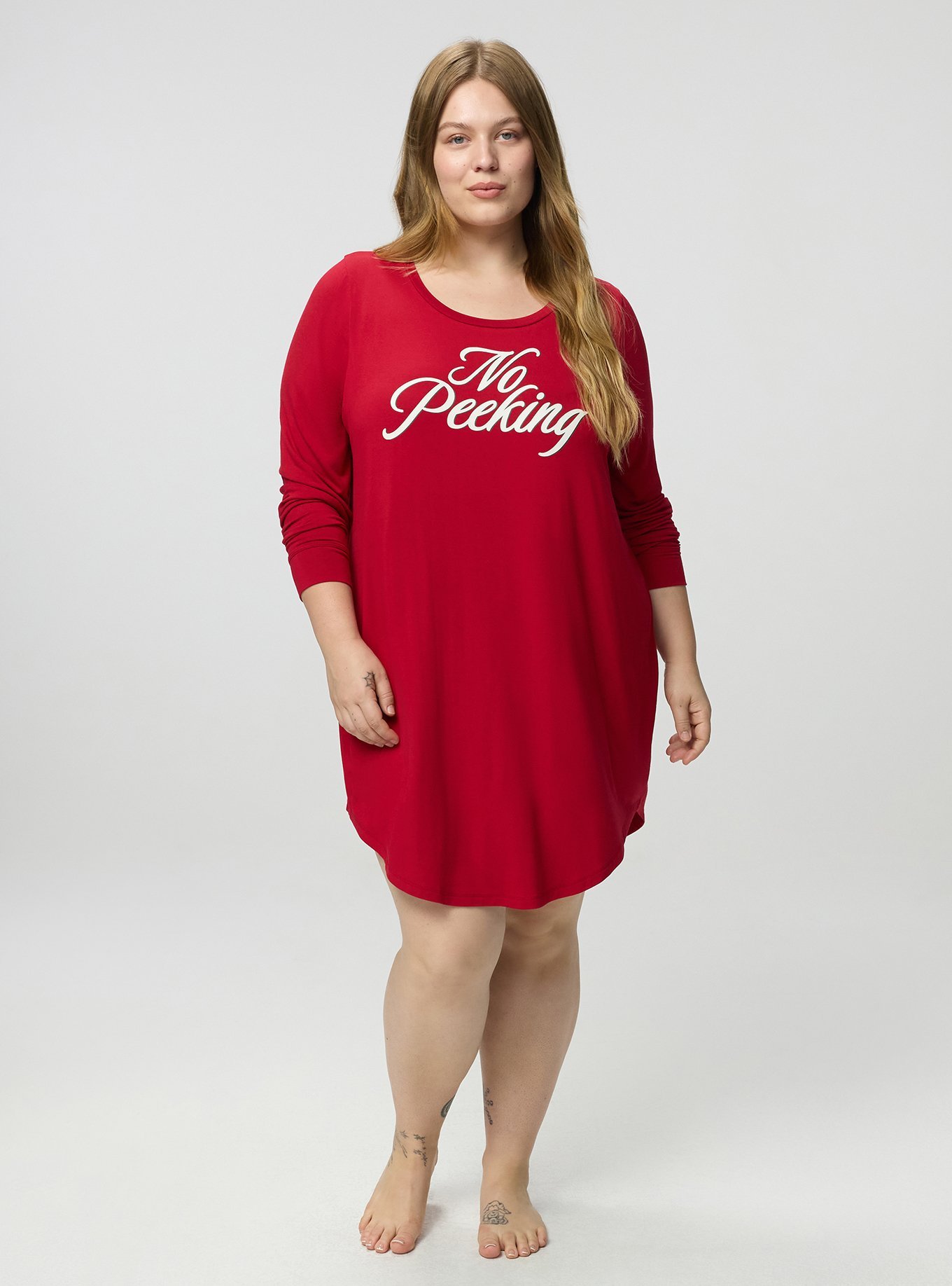 Super Soft Long Sleeve Sleep Gown, NO PEEKING RED GRAPHIC, alternate