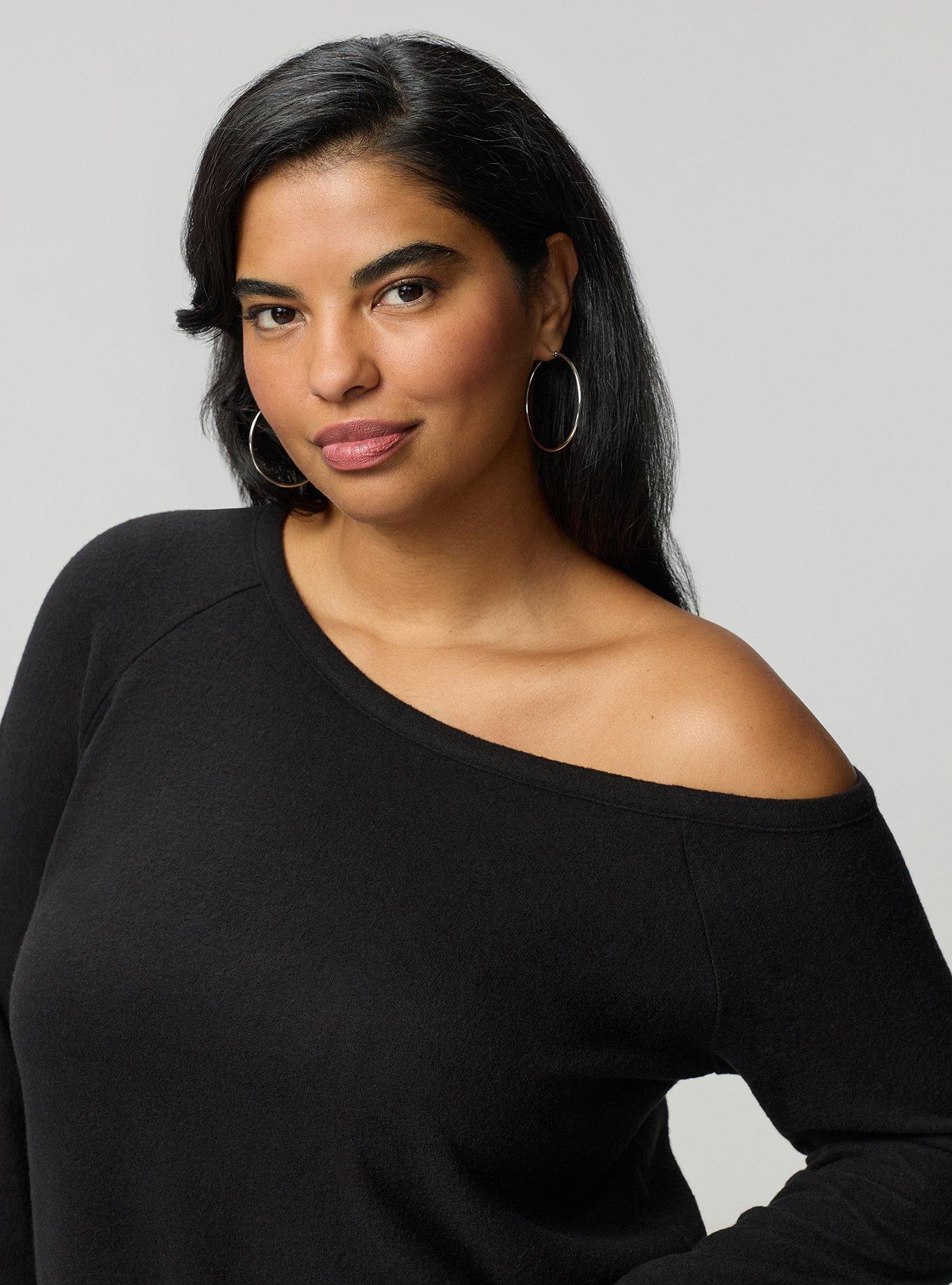 Super Soft Plush Off-Shoulder Lounge Top, DEEP BLACK, alternate