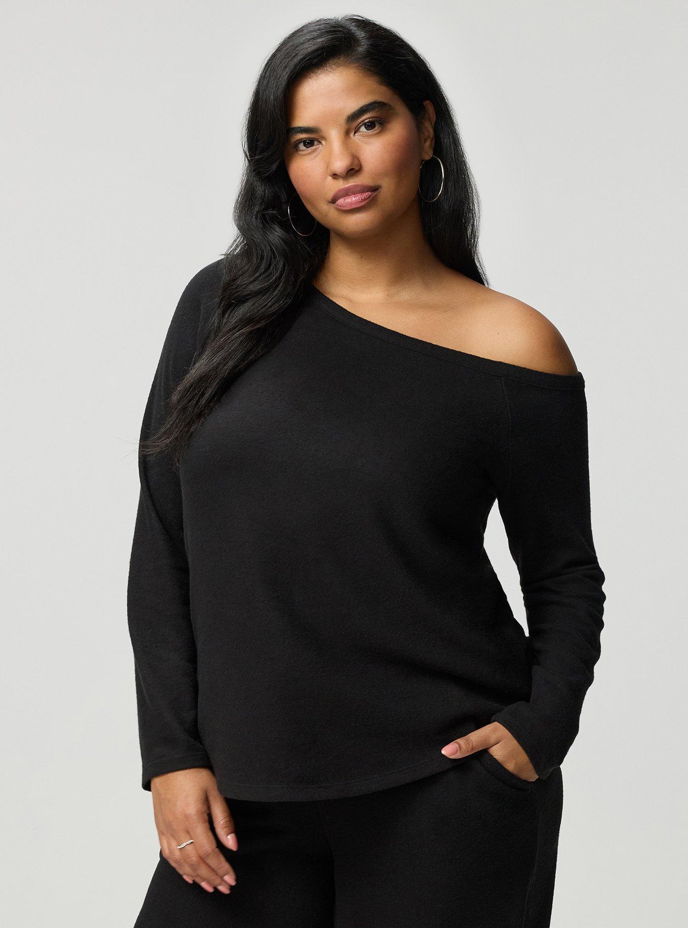 Super Soft Plush Off-Shoulder Lounge Top, DEEP BLACK, hi-res