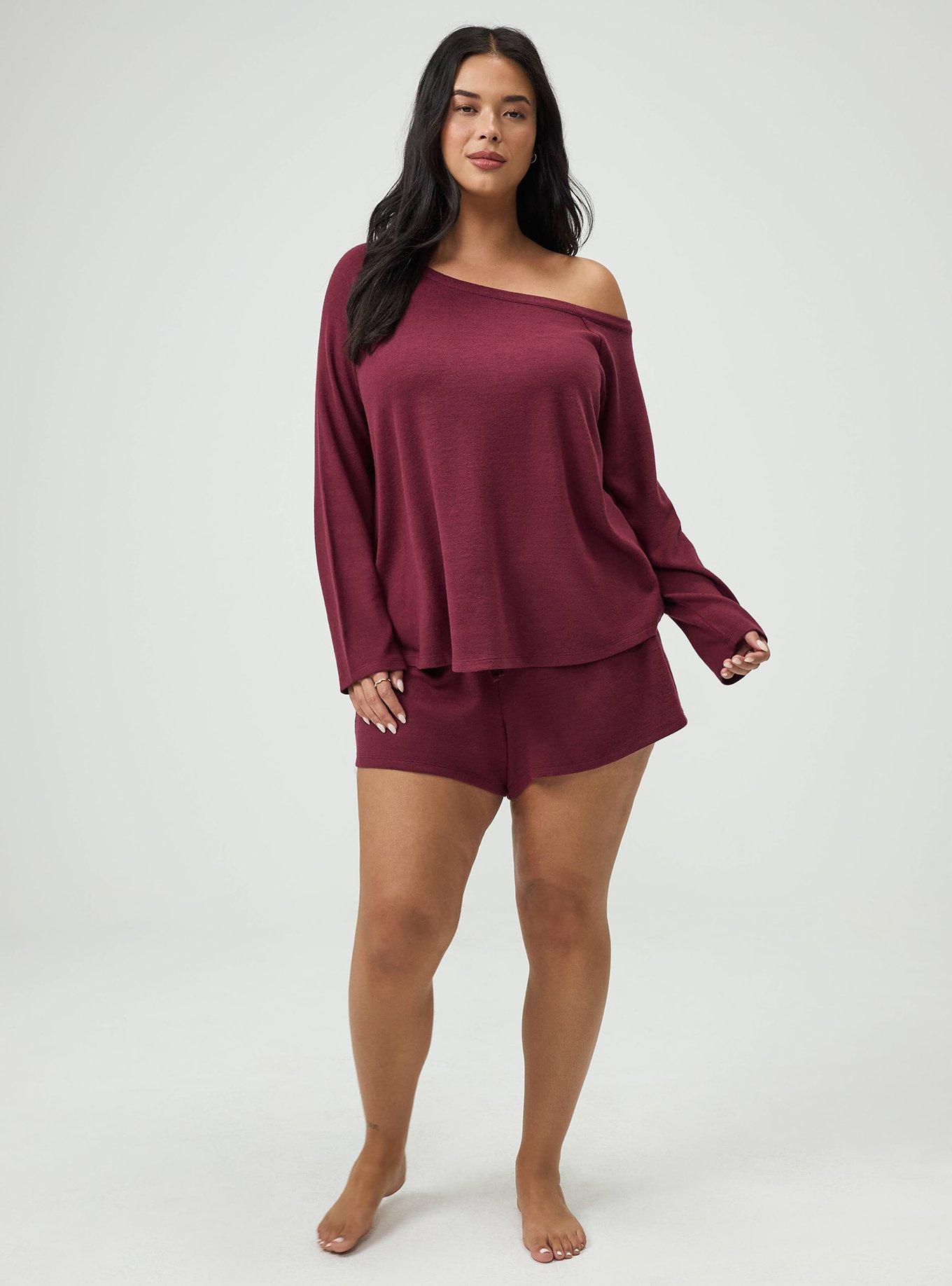 Plus Size Super Soft Plush Off-Shoulder Lounge Top, MAROON BANNER, alternate