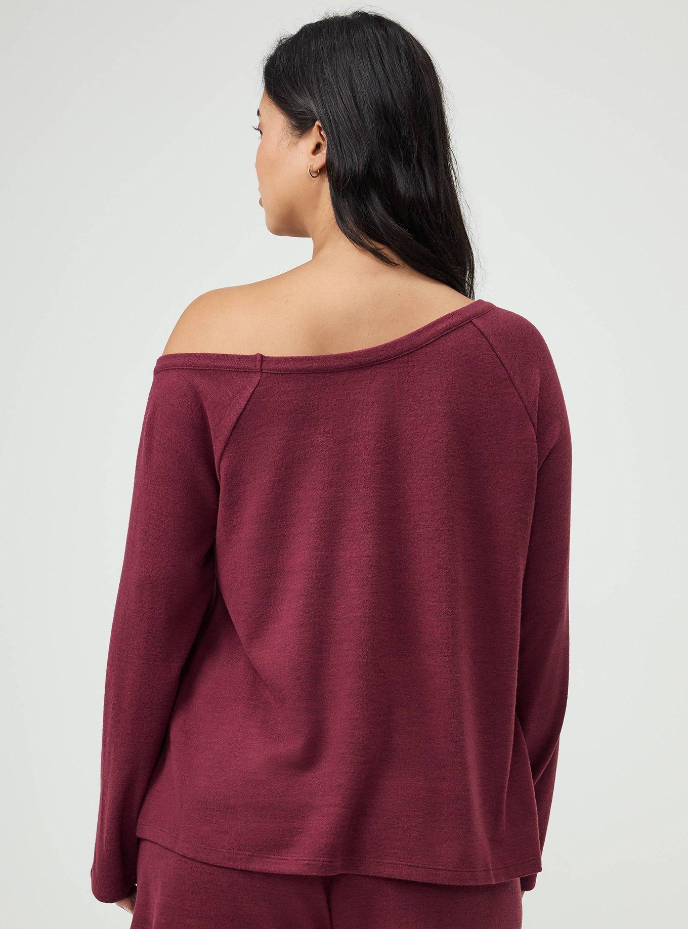 Plus Size Super Soft Plush Off-Shoulder Lounge Top, MAROON BANNER, alternate