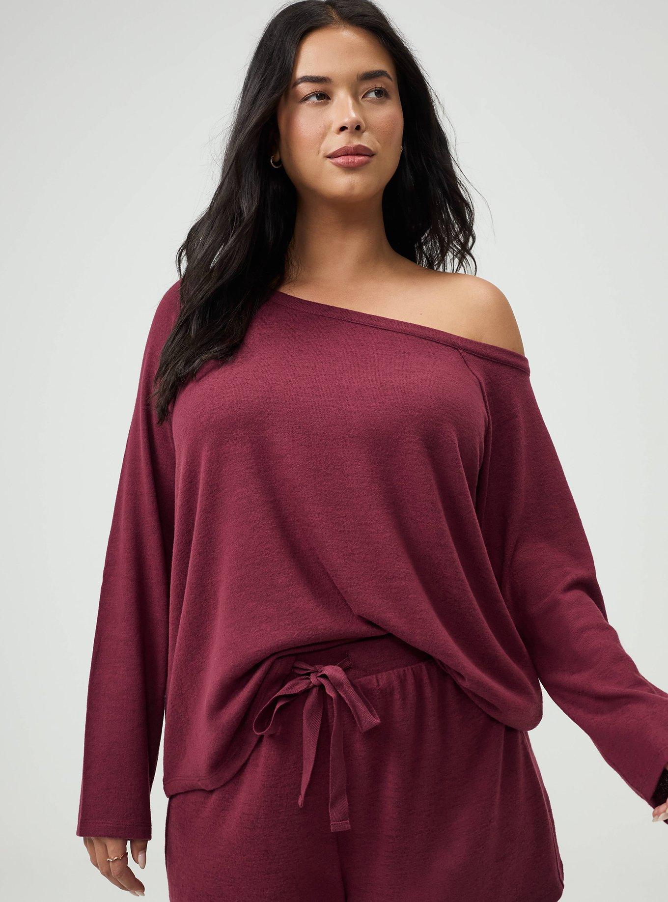 Plus Size Super Soft Plush Off-Shoulder Lounge Top, MAROON BANNER, alternate