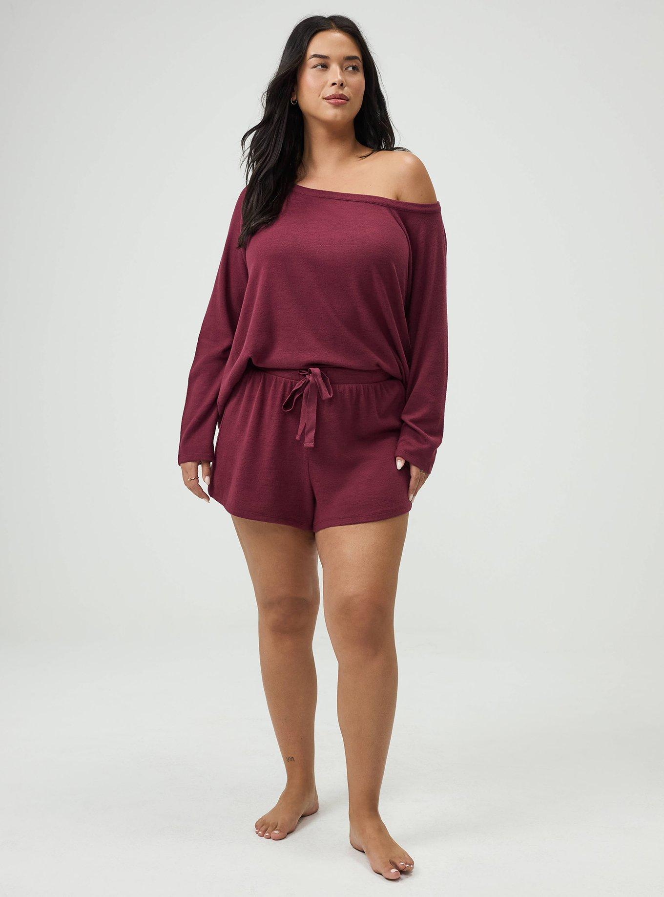 Plus Size Super Soft Plush Off-Shoulder Lounge Top, MAROON BANNER, alternate
