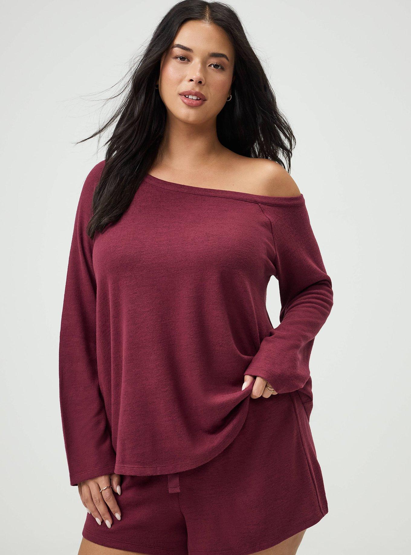 Plus Size Super Soft Plush Off-Shoulder Lounge Top, MAROON BANNER, hi-res