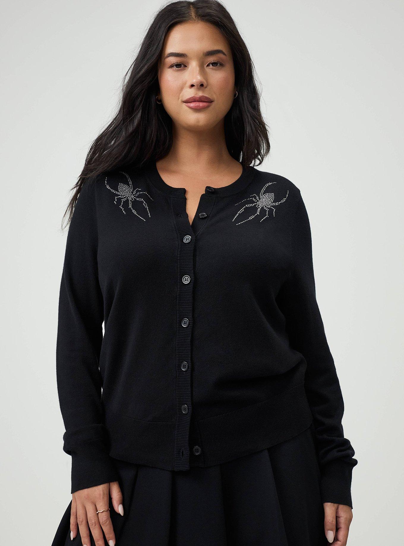 Button Front Crew Cardigan, DEEP BLACK, hi-res