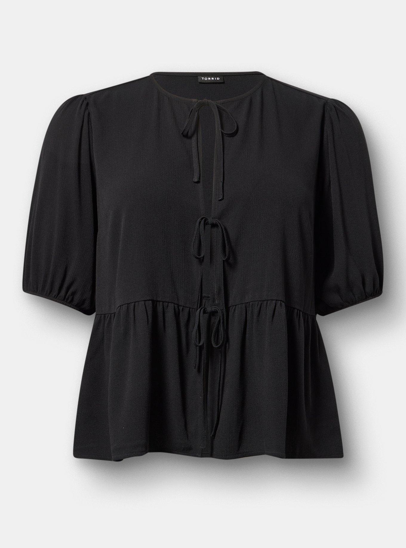 Tie Front Gauze Top, DEEP BLACK, hi-res