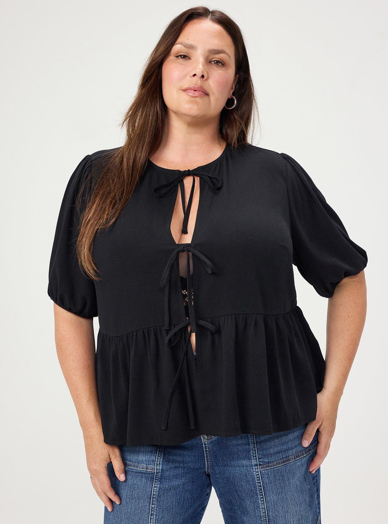 Tie Front Gauze Top, DEEP BLACK, hi-res