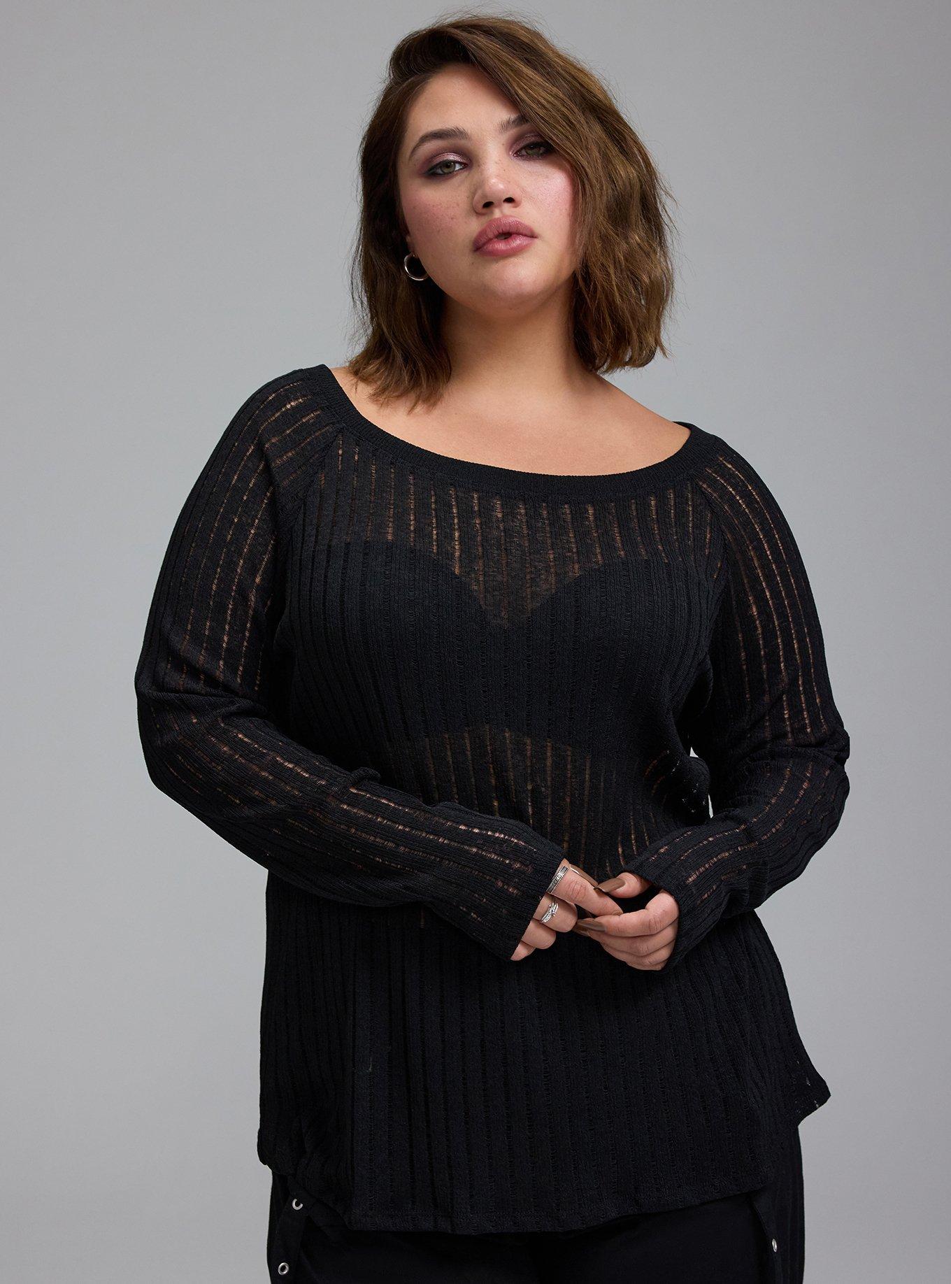 Nightfall Shredded Knit Boat Neck Top, DEEP BLACK, hi-res