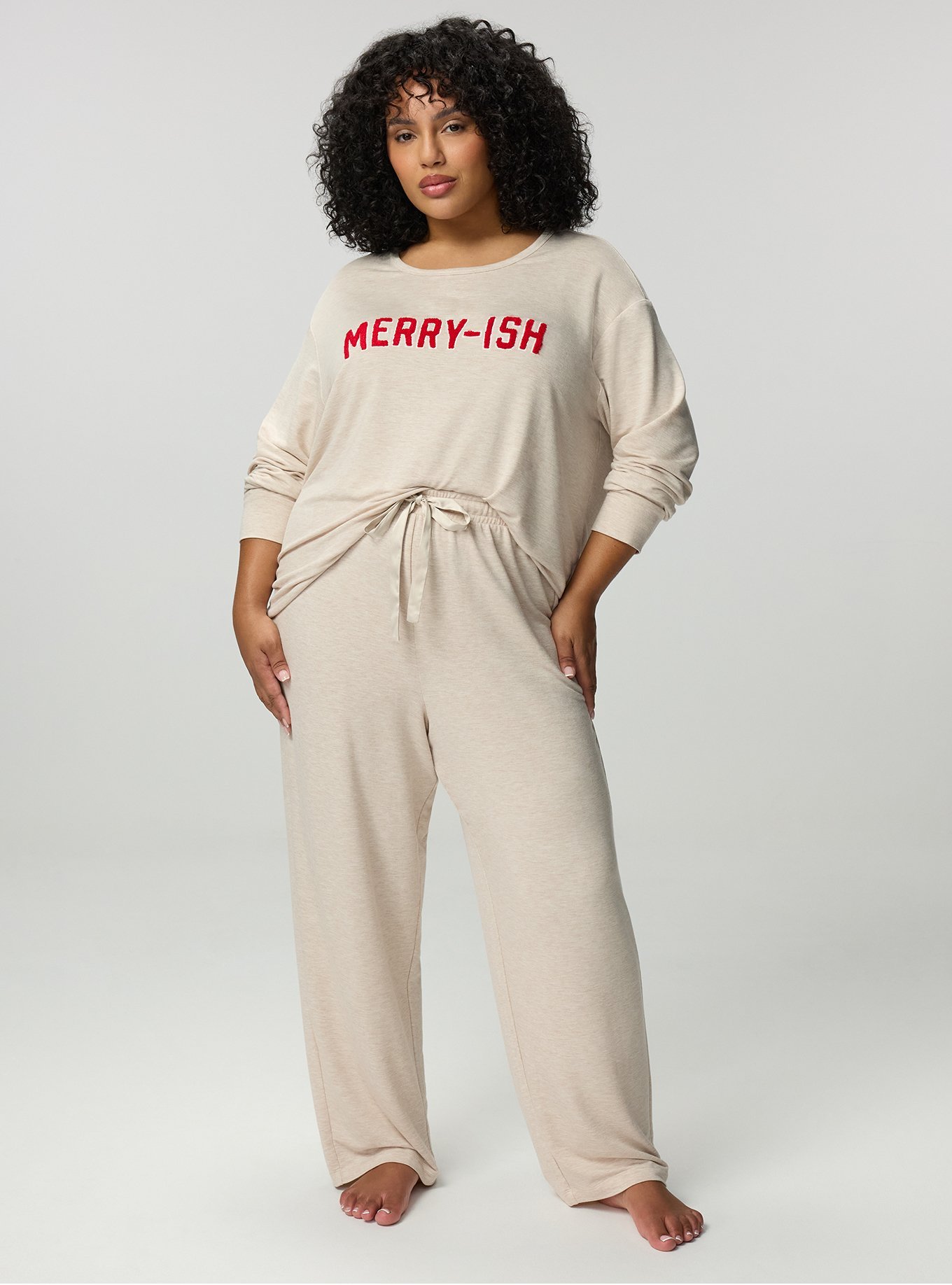 Plus Size Lightweight French Terry Long Sleeve Top, MERRY-ISH OATMEAL, alternate