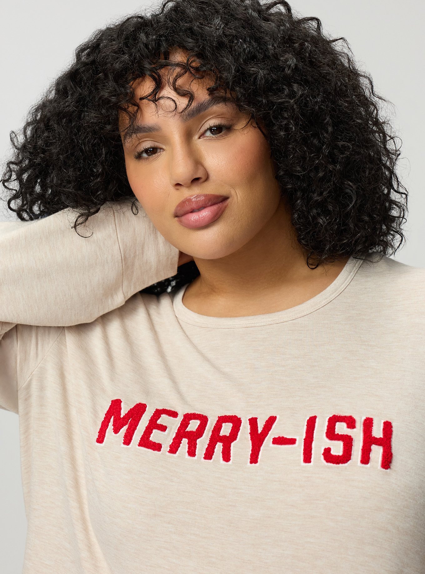 Plus Size Lightweight French Terry Long Sleeve Top, MERRY-ISH OATMEAL, alternate