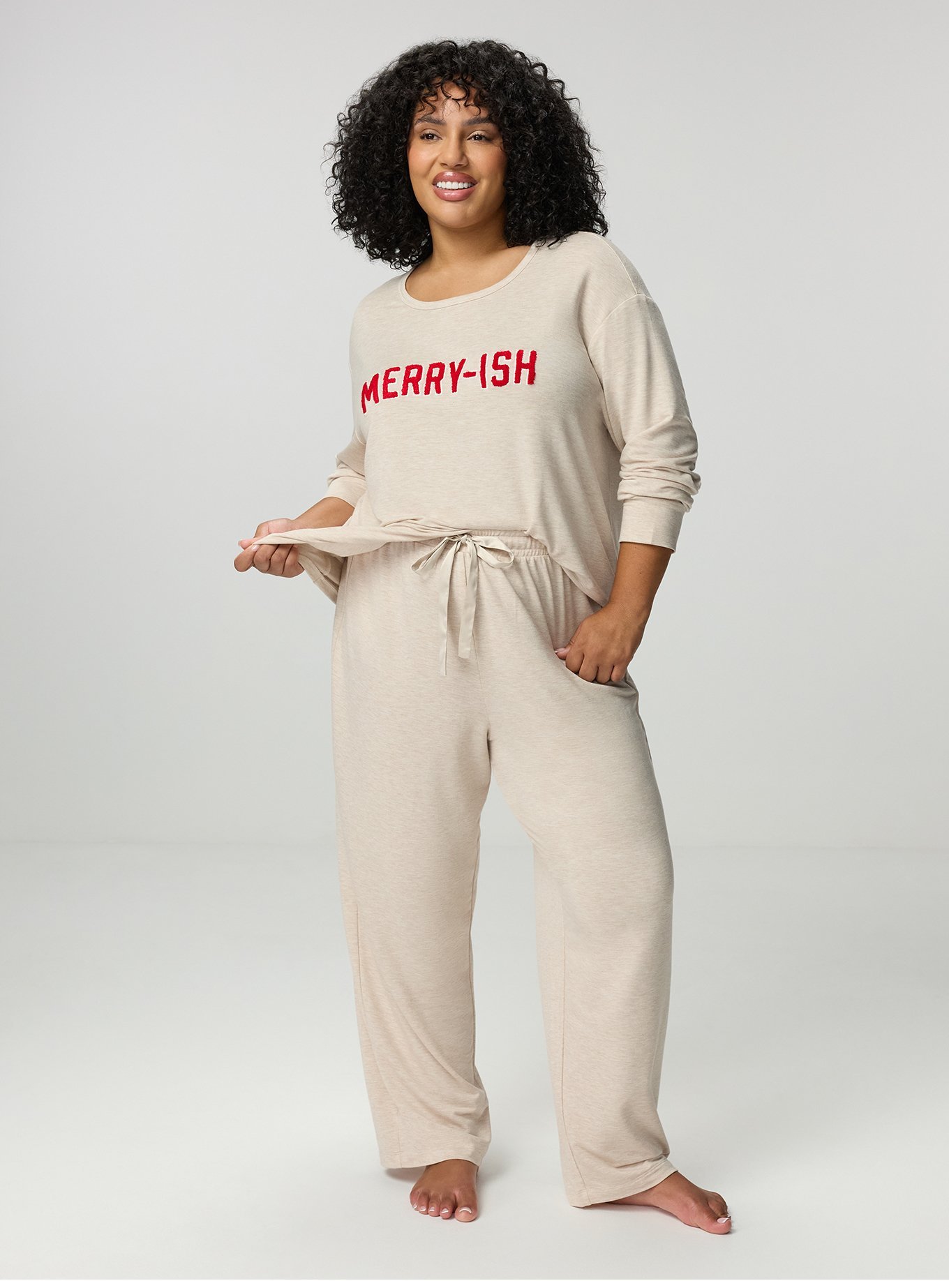 Plus Size Lightweight French Terry Long Sleeve Top, MERRY-ISH OATMEAL, alternate