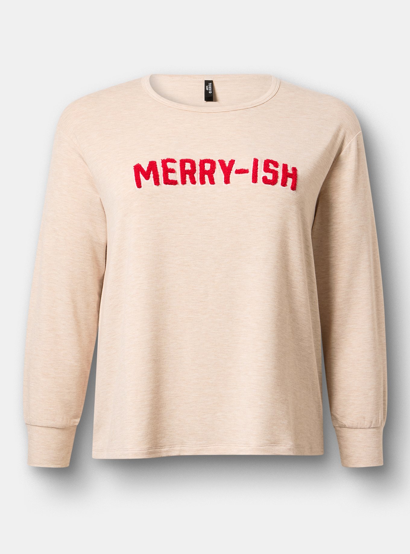 Plus Size Lightweight French Terry Long Sleeve Top, MERRY-ISH OATMEAL, flat