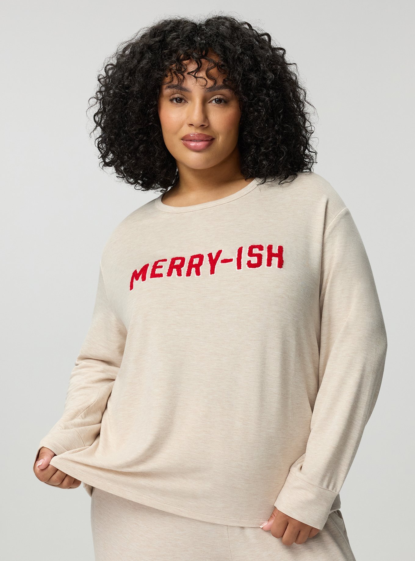 Plus Size Lightweight French Terry Long Sleeve Top, MERRY-ISH OATMEAL, hi-res