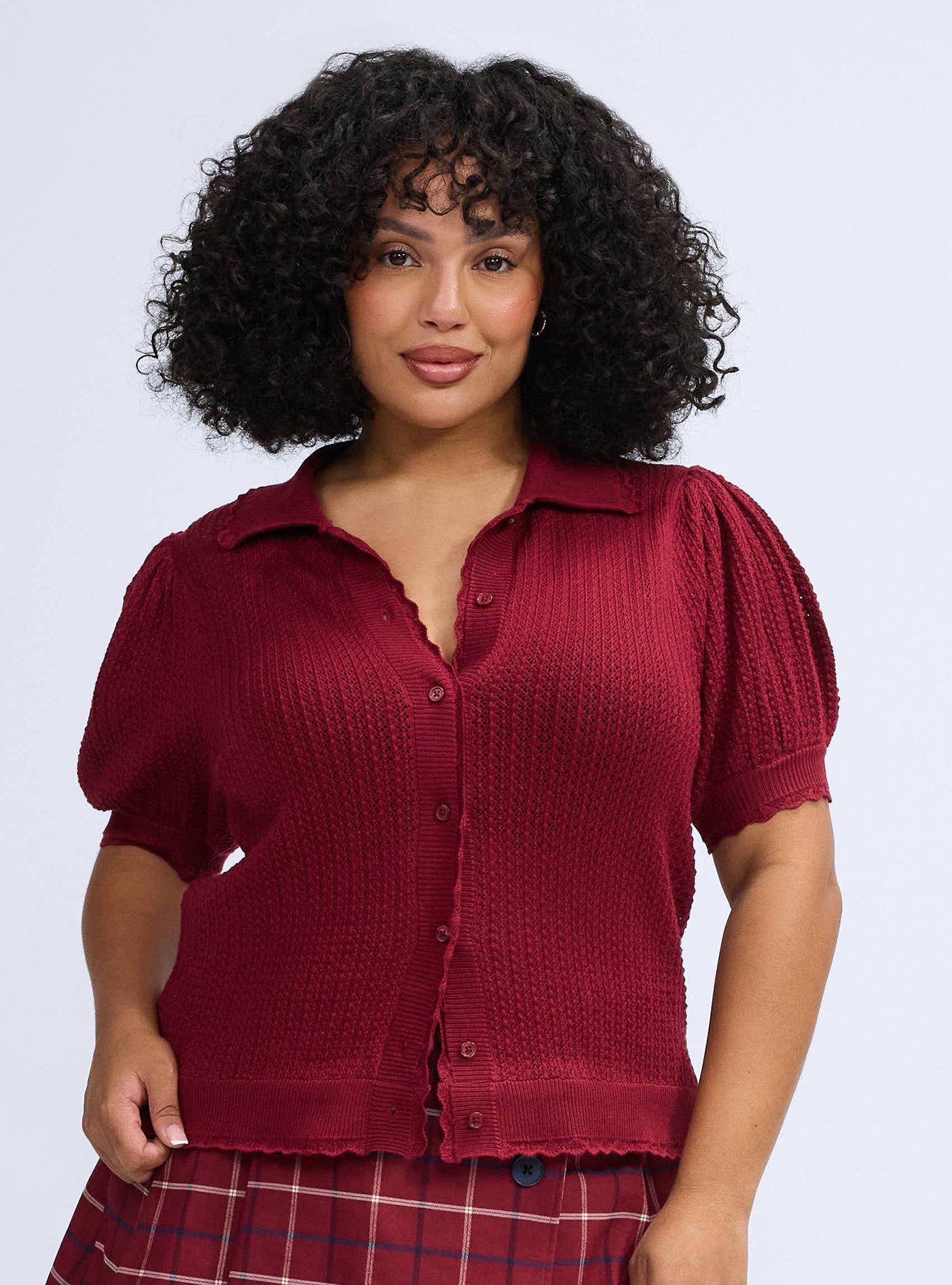 Belle Isle Pointelle Collar Cardigan, TIBETAN RED, alternate