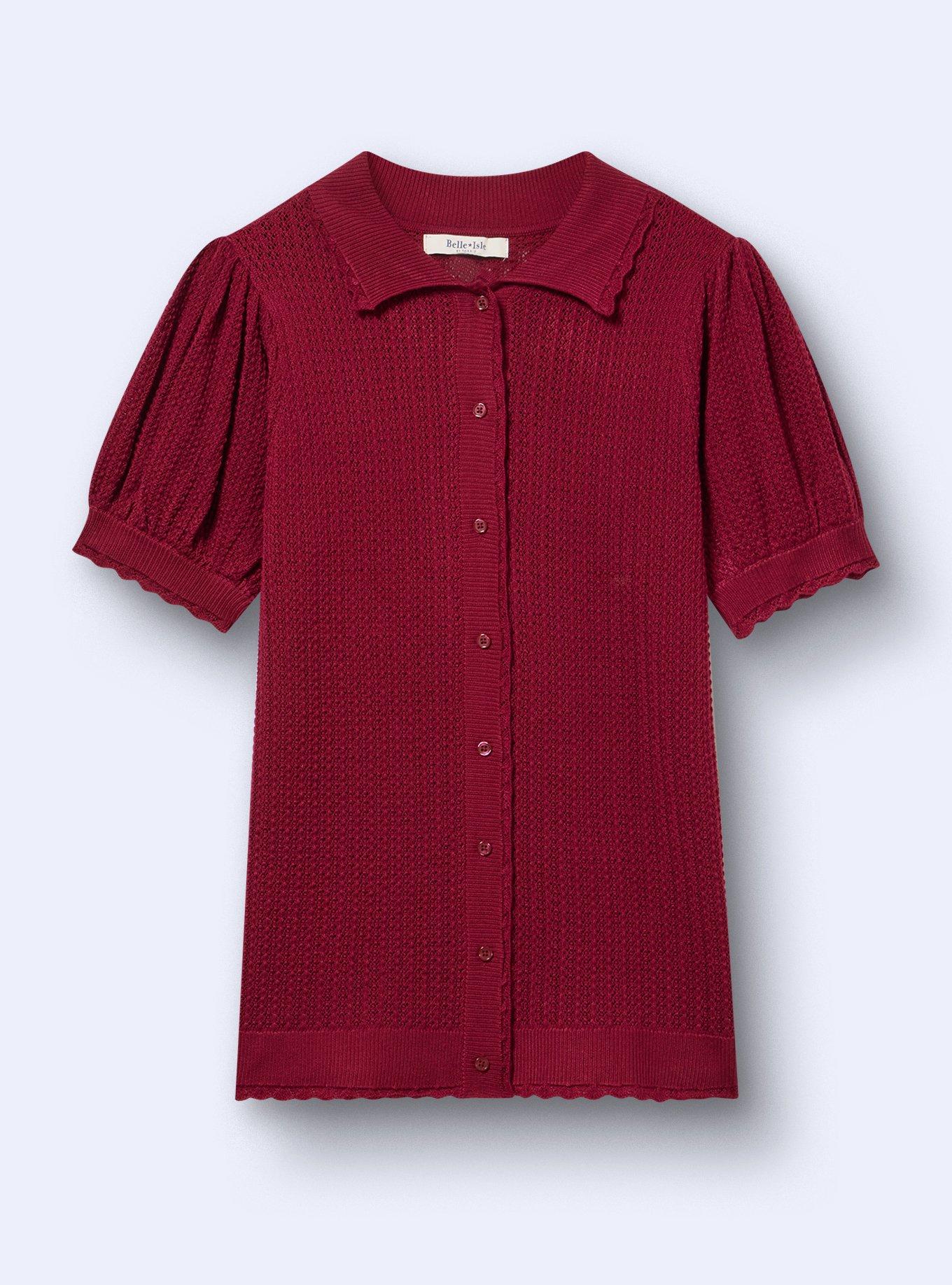 Belle Isle Pointelle Collar Cardigan, TIBETAN RED, flat