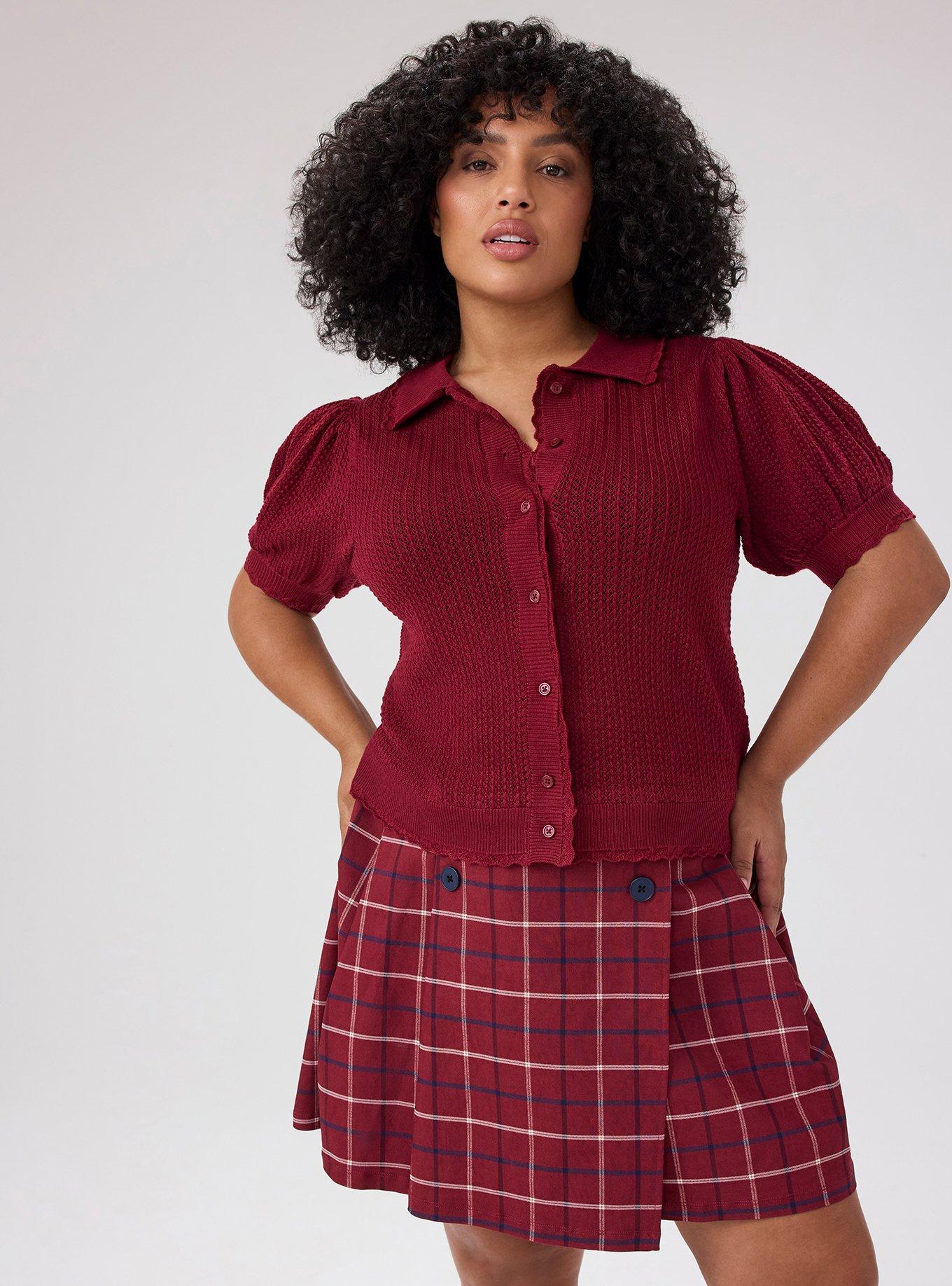 Belle Isle Pointelle Collar Cardigan, TIBETAN RED, hi-res
