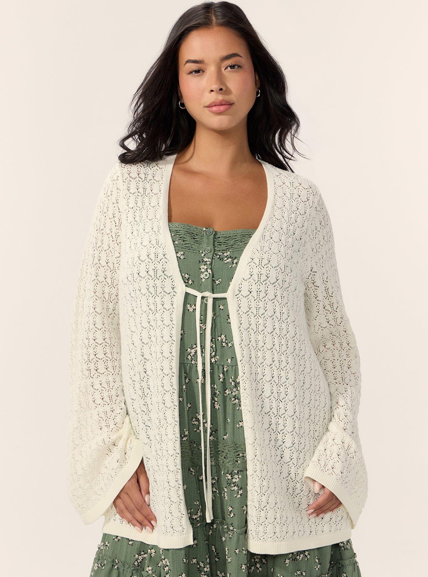 Festi Bell Sleeve Tie-Front Crochet Sweater, WHISPER WHITE, alternate