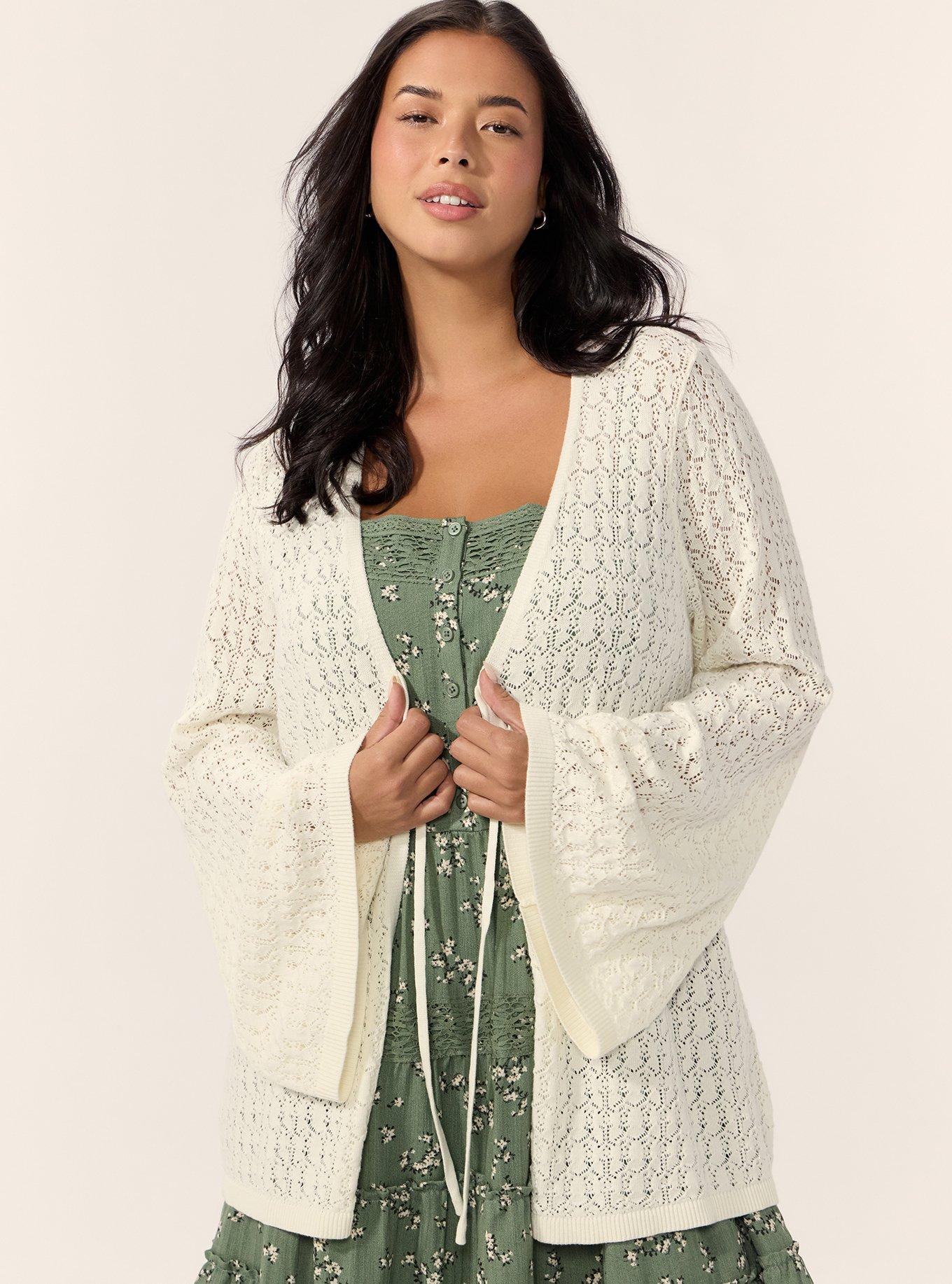 Festi Bell Sleeve Tie-Front Crochet Sweater, WHISPER WHITE, hi-res