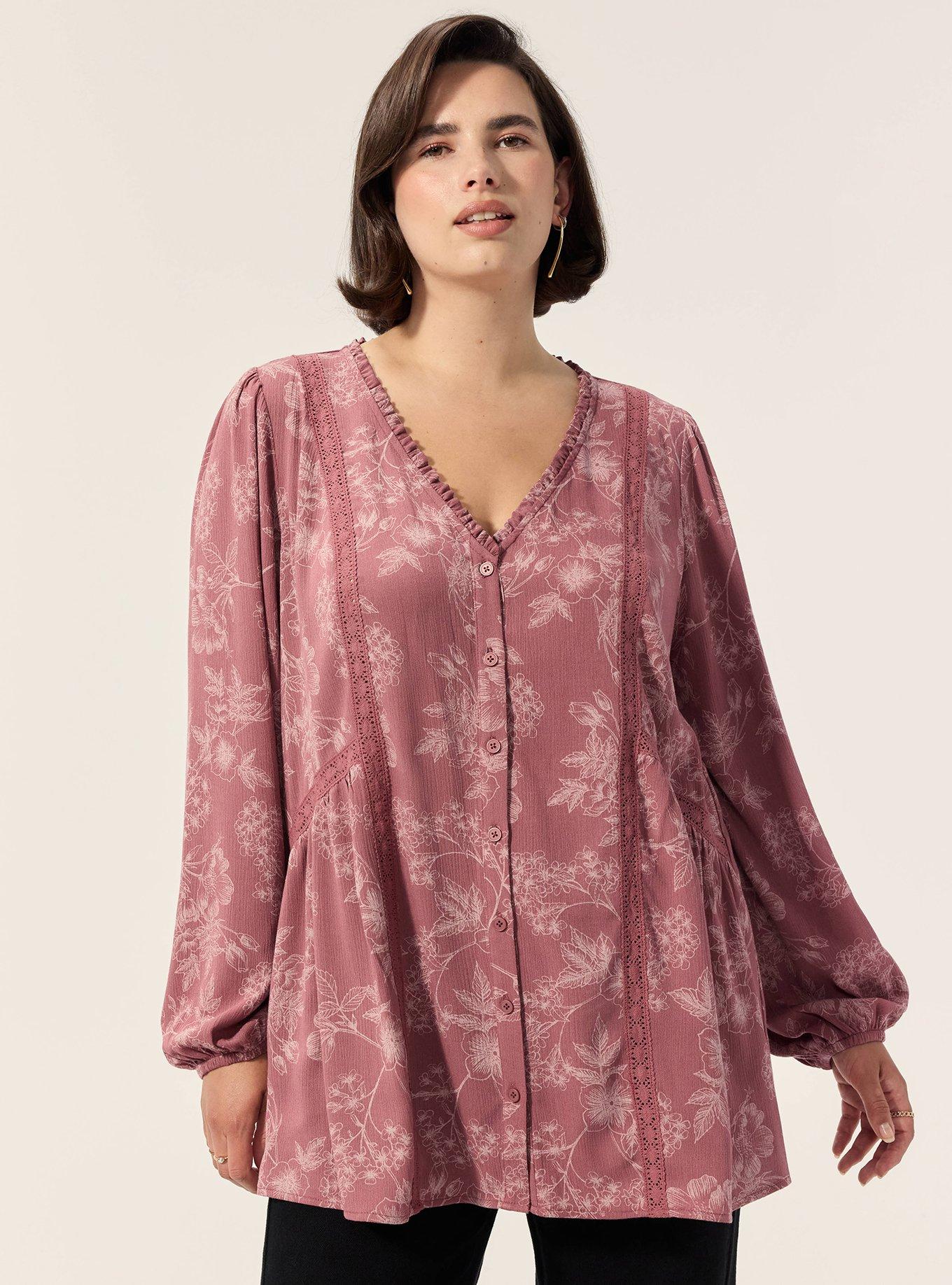 Plus Size Festi Button Front Blouse, WOODROW FLORAL BRICK, hi-res