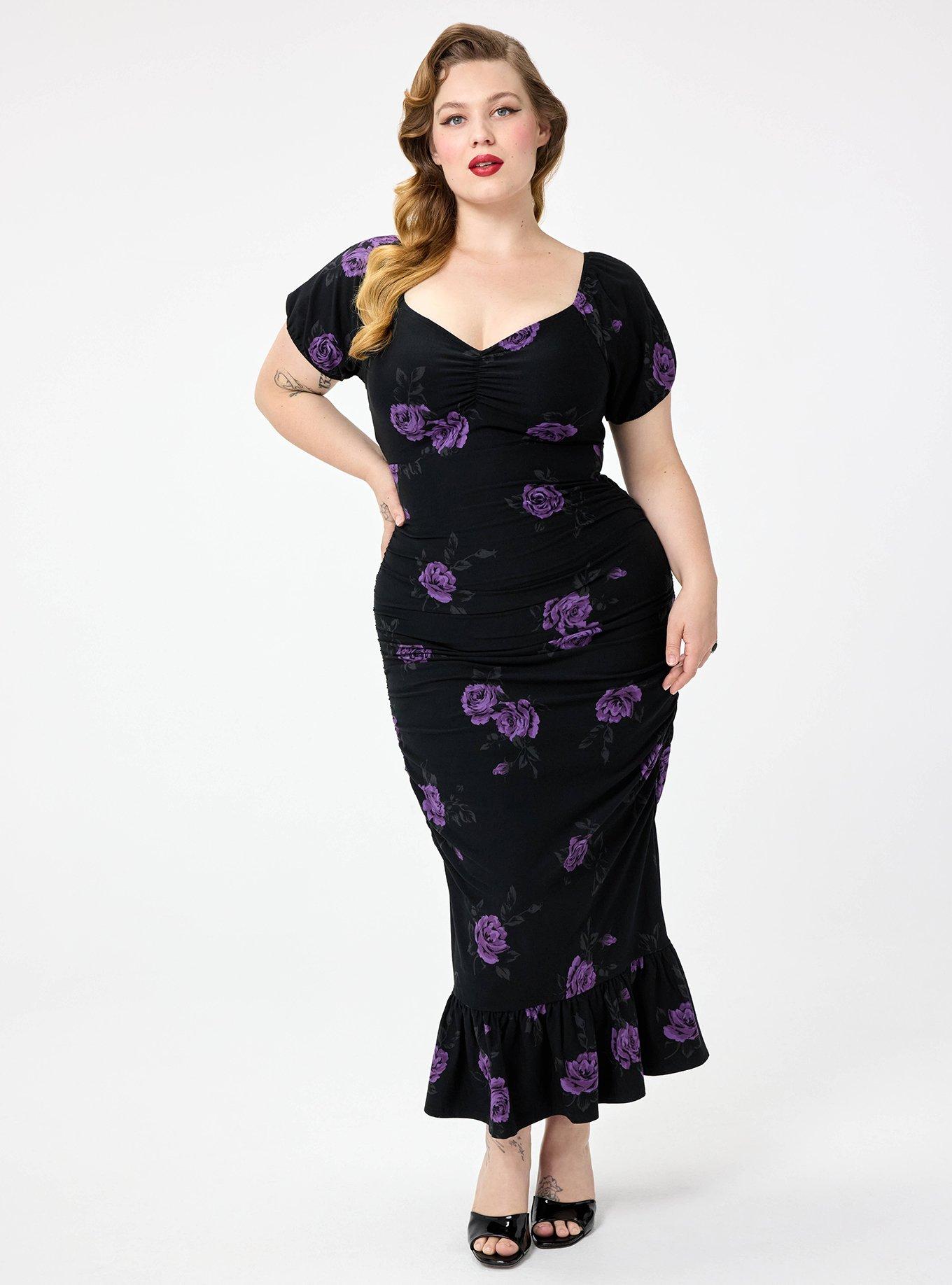 Retro Chic Puff Sleeve Column Dress, DARK ROSES FLORAL BLACK, alternate