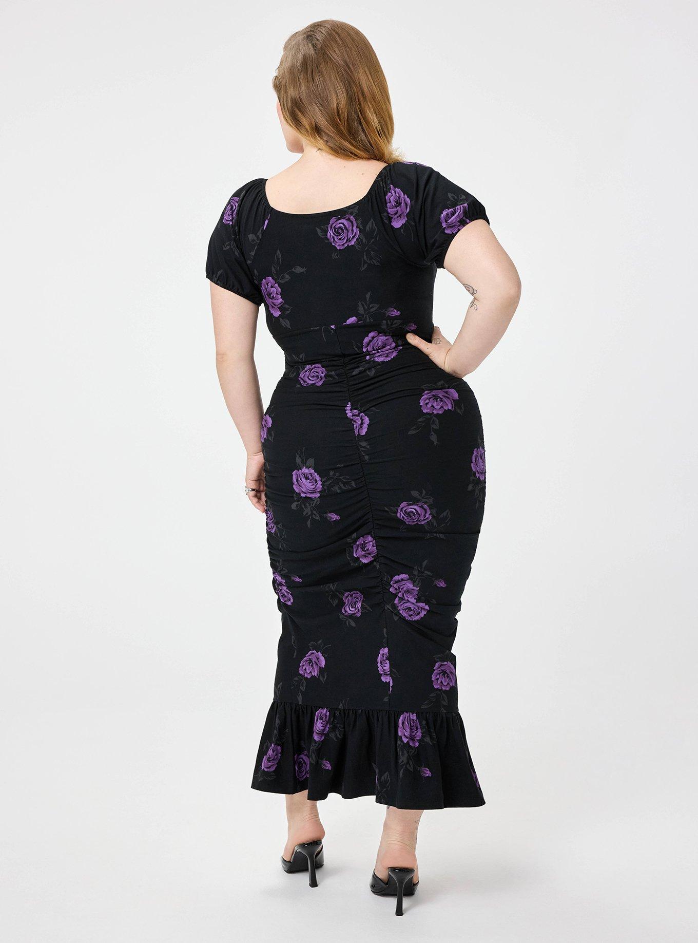 Retro Chic Puff Sleeve Column Dress, DARK ROSES FLORAL BLACK, alternate