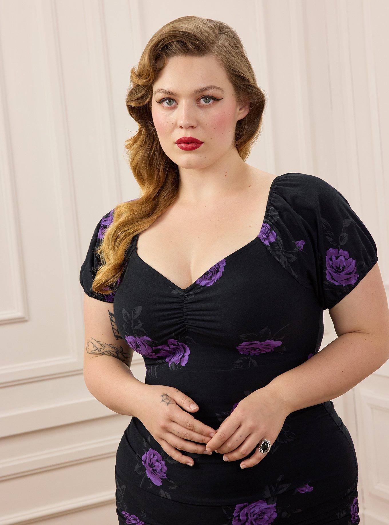 Retro Chic Puff Sleeve Column Dress, DARK ROSES FLORAL BLACK, alternate