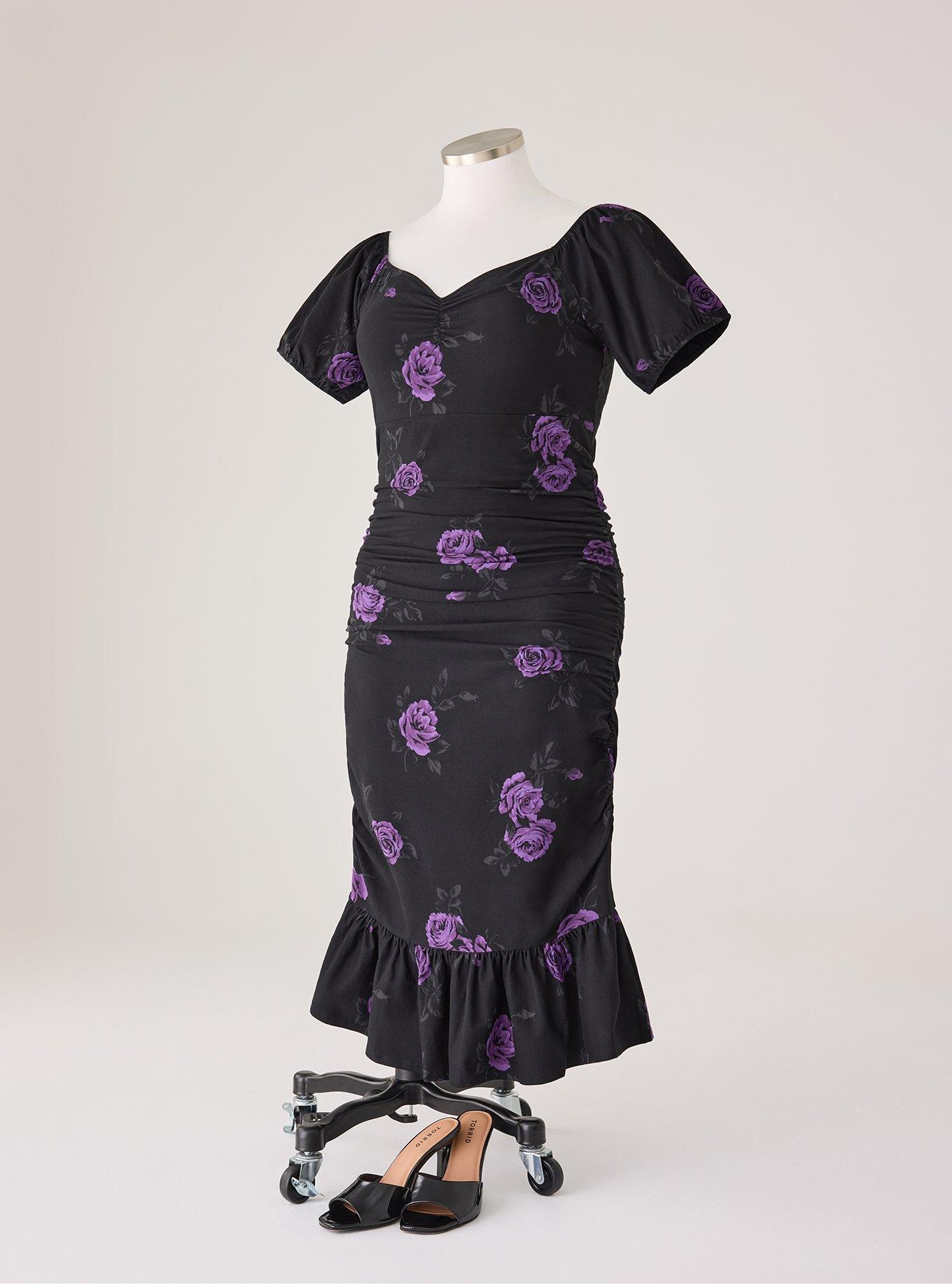 Retro Chic Puff Sleeve Column Dress, DARK ROSES FLORAL BLACK, flat