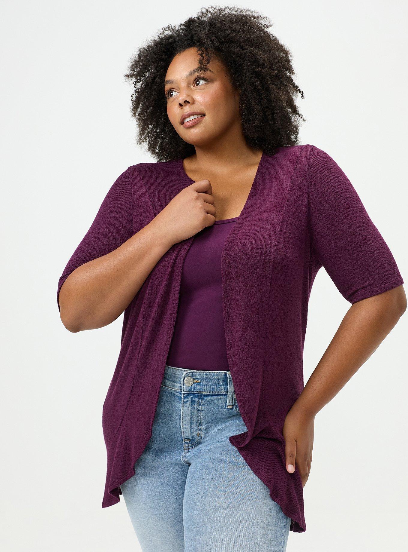 Plus Size Hacci Drape Front Cardigan, POTENT PURPLE, hi-res