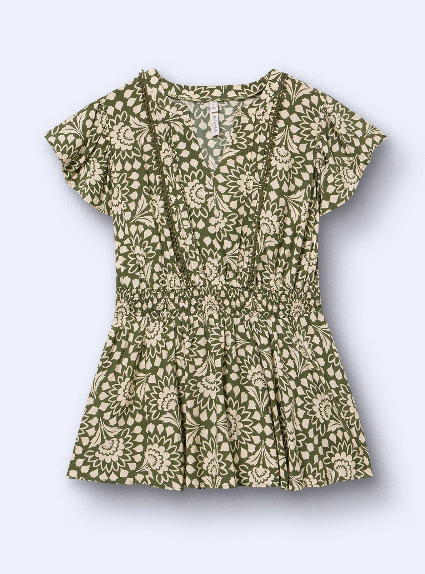 Belle Isle Flutter Sleeve Pintuck Peplum Top, BOTANY SCALLOP GREEN, flat