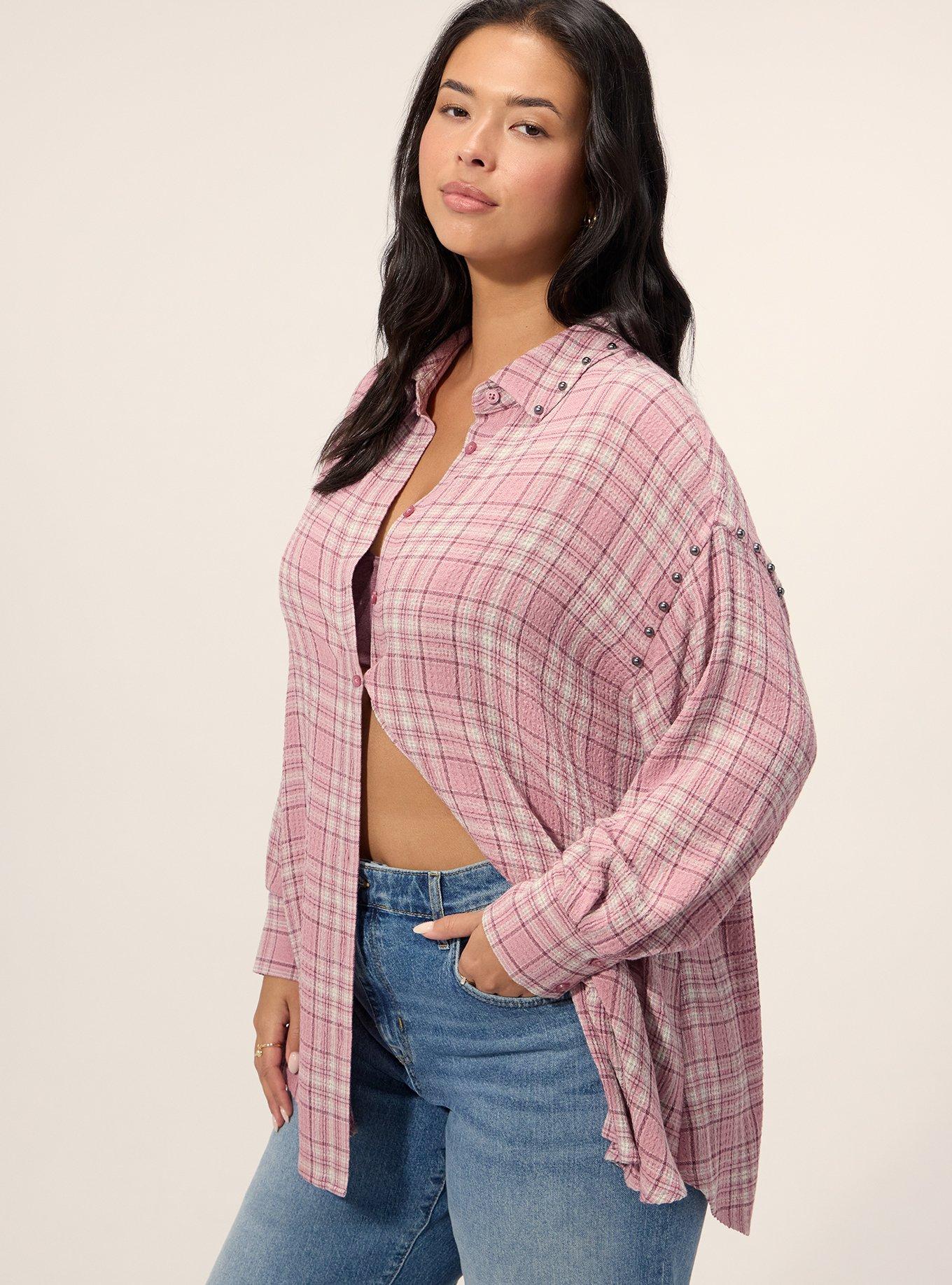 Festi Drop Shoulder Studded Button-Up Shirt, MATTY PLAID PINK, alternate