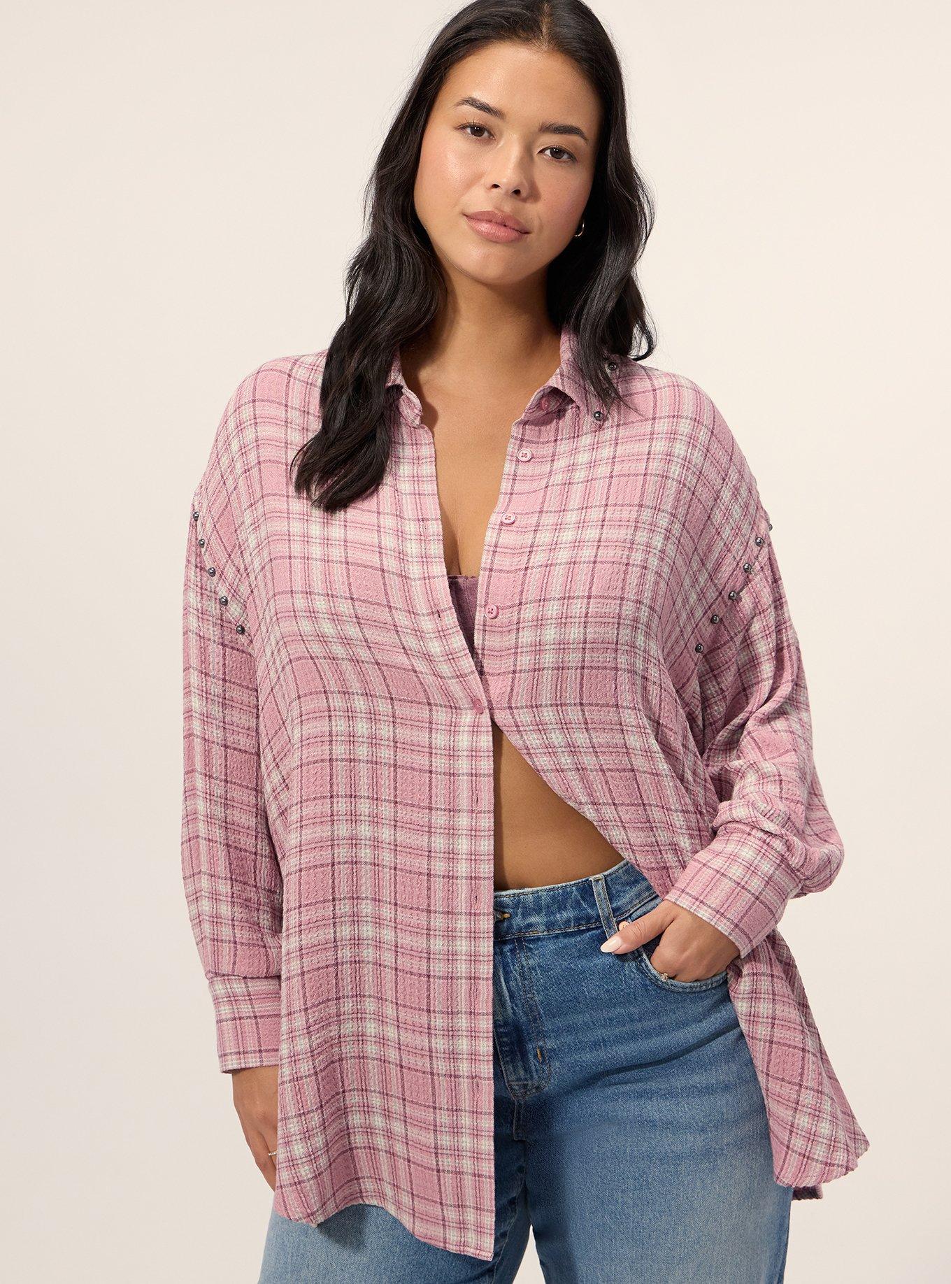 Festi Drop Shoulder Studded Button-Up Shirt, MATTY PLAID PINK, alternate