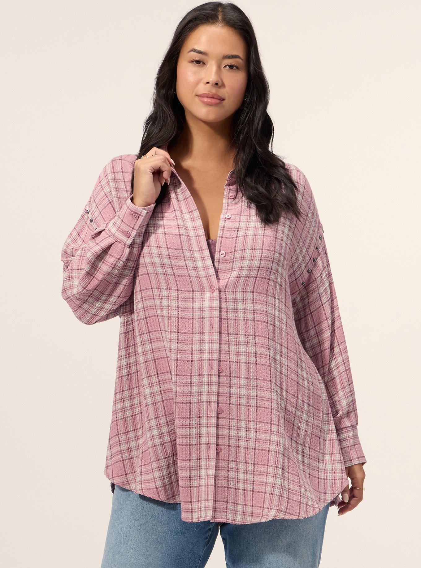 Festi Drop Shoulder Studded Button-Up Shirt, MATTY PLAID PINK, hi-res