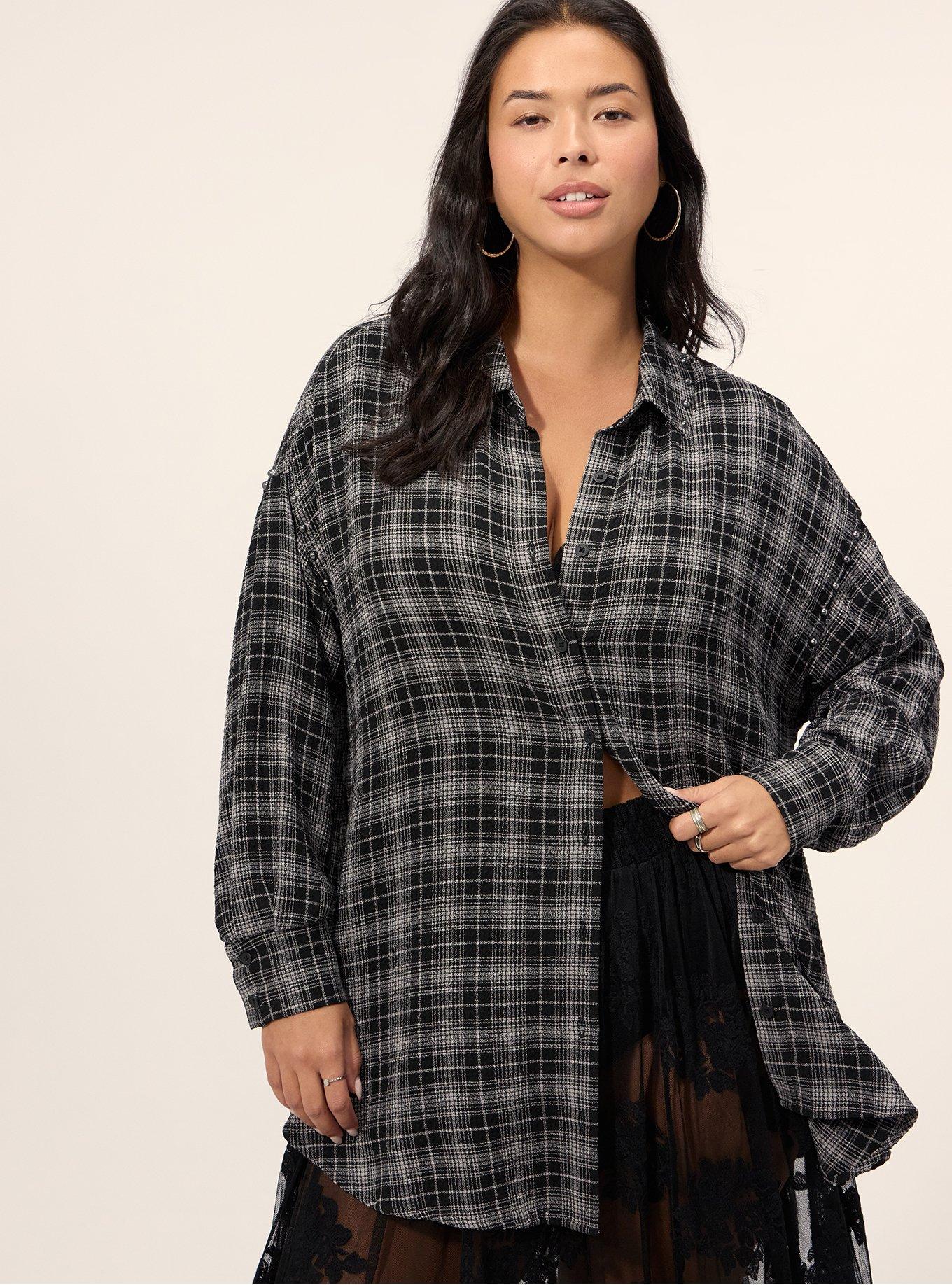 Festi Drop Shoulder Studded Button-Up Shirt, ICING PLAID BLACK, alternate