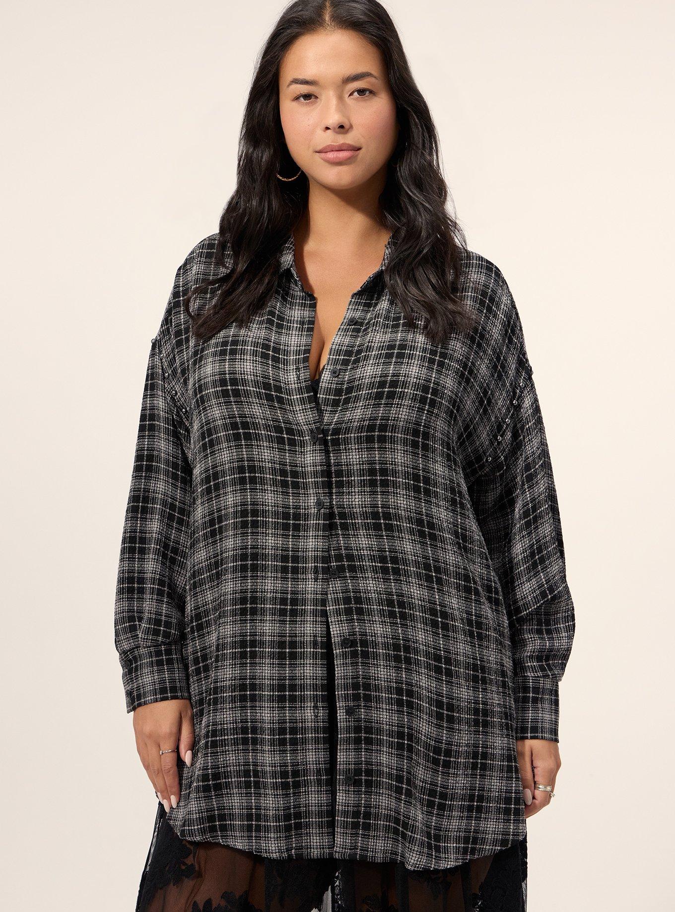 Festi Drop Shoulder Studded Button-Up Shirt, ICING PLAID BLACK, hi-res