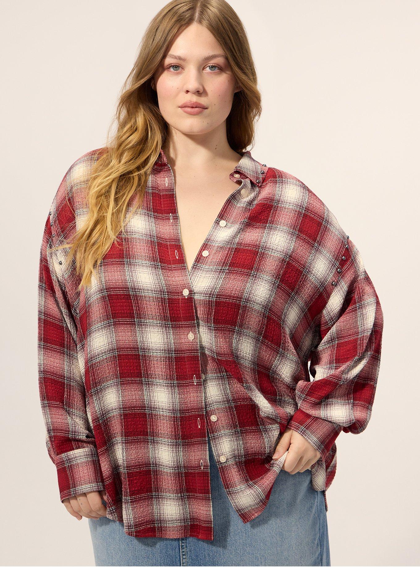 Plus Size Festi Drop Shoulder Studded Button-Up Shirt, JONNIE PLAID RED, alternate