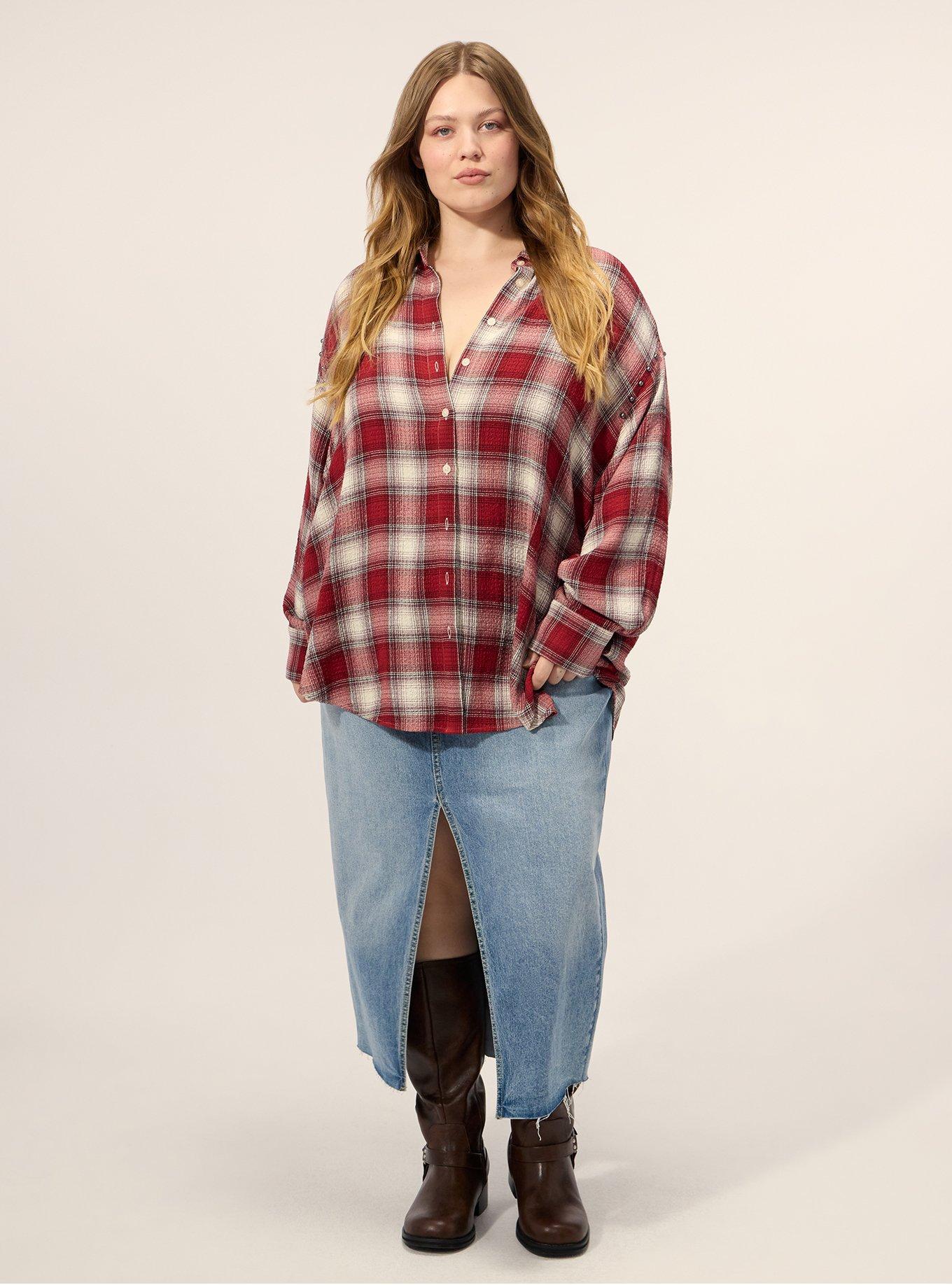 Plus Size Festi Drop Shoulder Studded Button-Up Shirt, JONNIE PLAID RED, alternate