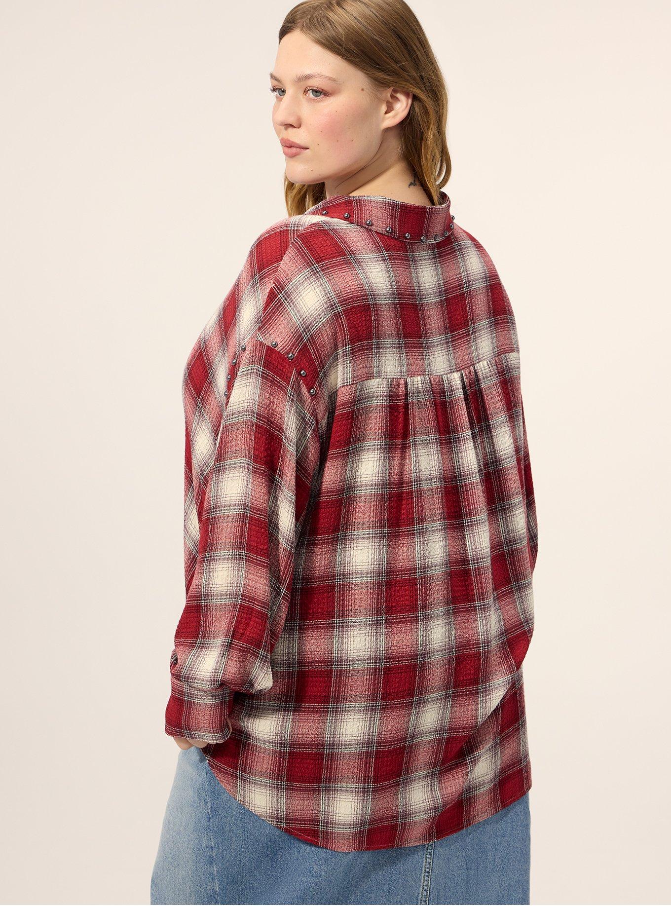 Plus Size Festi Drop Shoulder Studded Button-Up Shirt, JONNIE PLAID RED, alternate