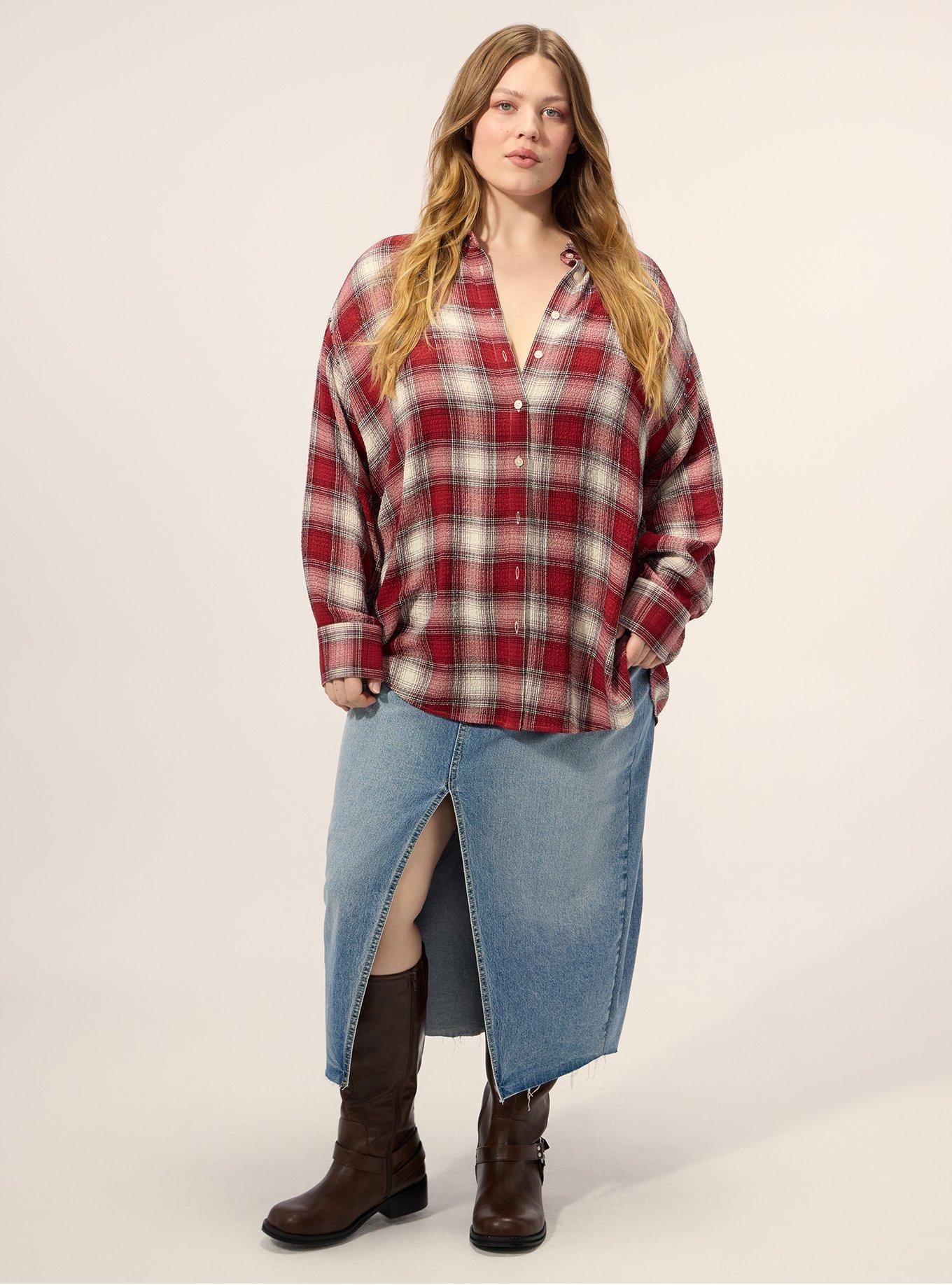 Plus Size Festi Drop Shoulder Studded Button-Up Shirt, JONNIE PLAID RED, hi-res