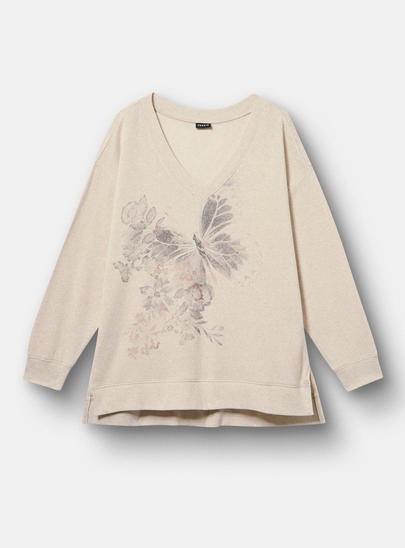 Cozy Fleece Step Hem V-Neck Sweatshirt, DELICATE BUTTERFLY OATMEAL HEATHER, hi-res