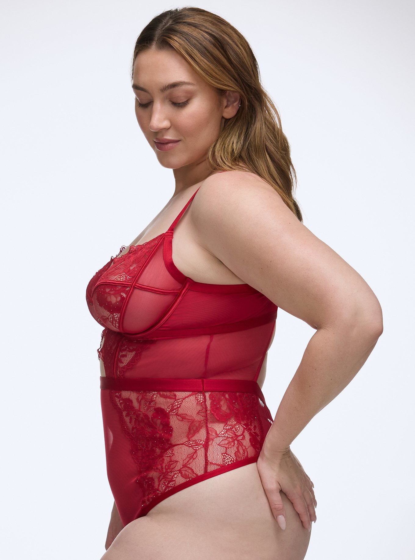 Plus Size Sequin Emma Lace Underwire Bodysuit, JESTER RED, alternate