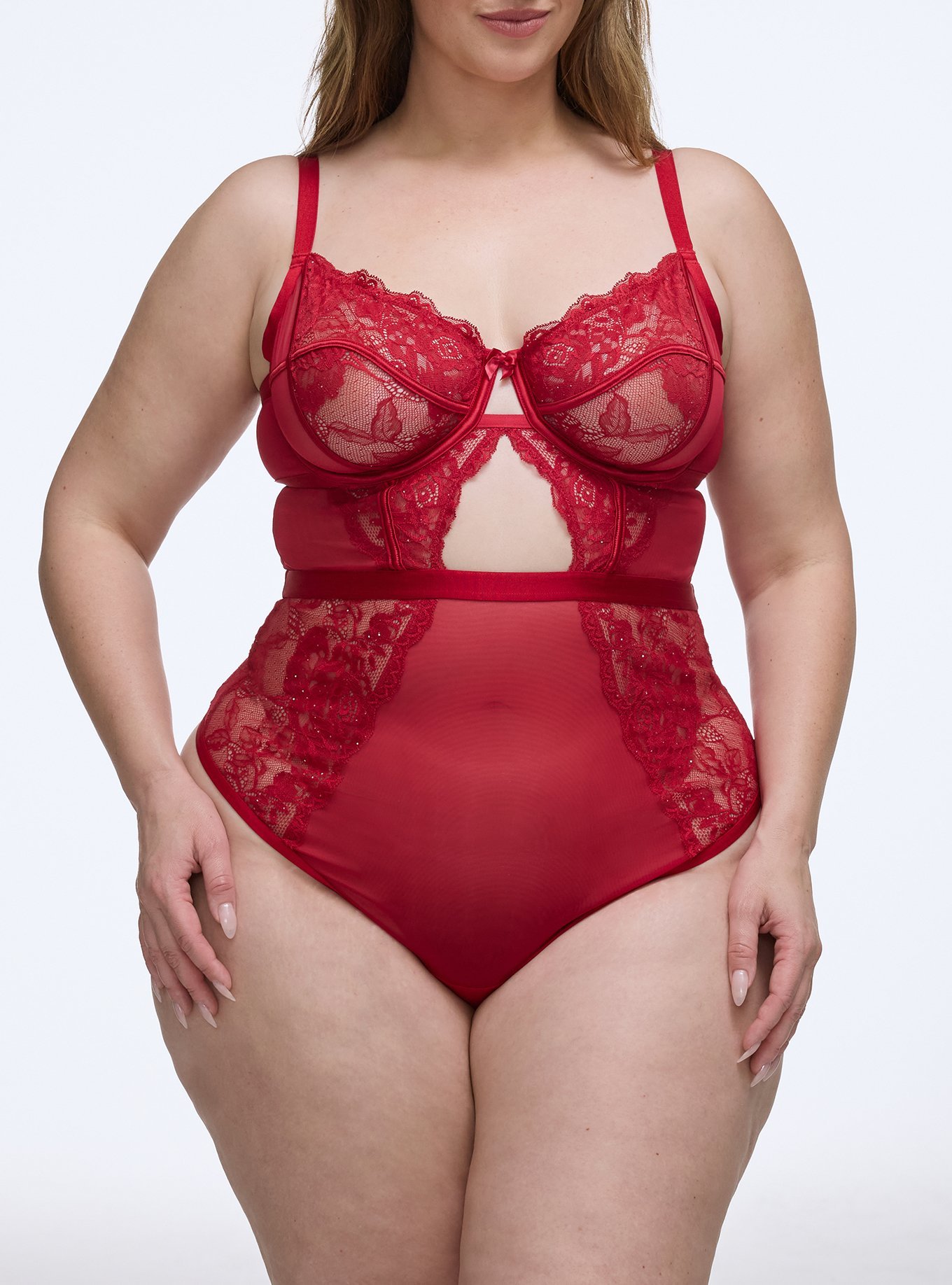 Plus Size Sequin Emma Lace Underwire Bodysuit, JESTER RED, alternate