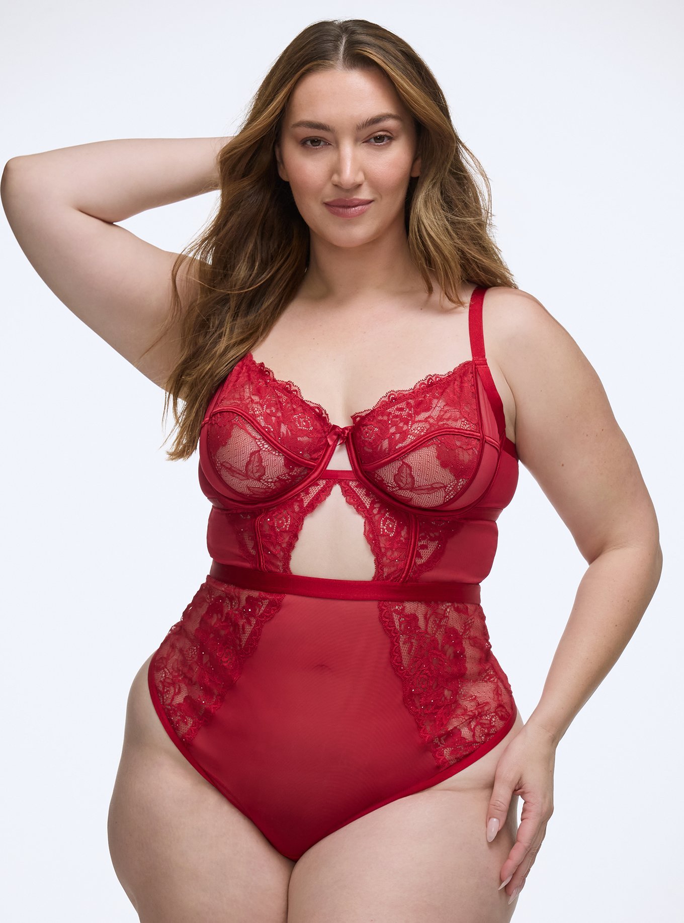 Plus Size Sequin Emma Lace Underwire Bodysuit, JESTER RED, hi-res