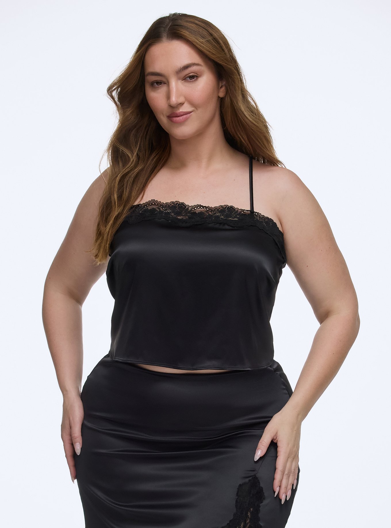 Shine Micro Lace Trim Cami, RICH BLACK, hi-res