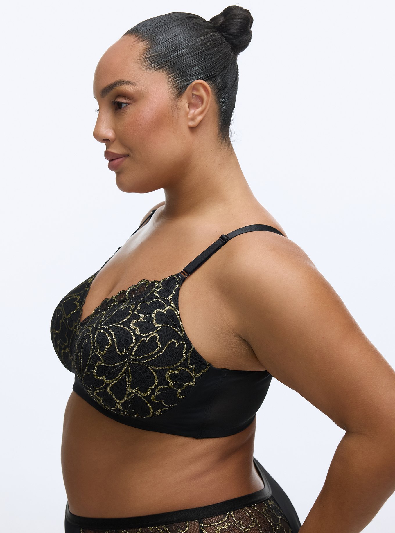 Plus Size Wire-Free Lightly Lined Gilded Lace Bra, RICH BLACK, alternate