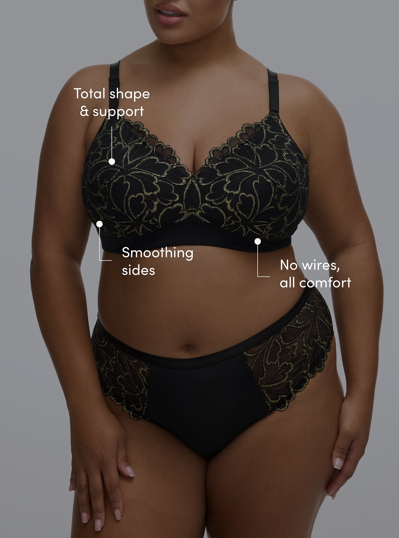 Plus Size Wire-Free Lightly Lined Gilded Lace Bra, RICH BLACK, alternate