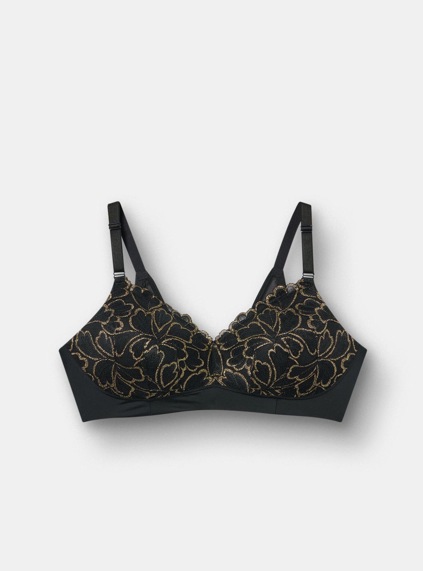 Plus Size Wire-Free Lightly Lined Gilded Lace Bra, RICH BLACK, flat