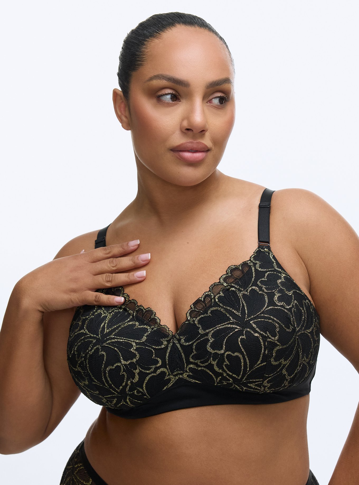 Plus Size Wire-Free Lightly Lined Gilded Lace Bra, RICH BLACK, hi-res