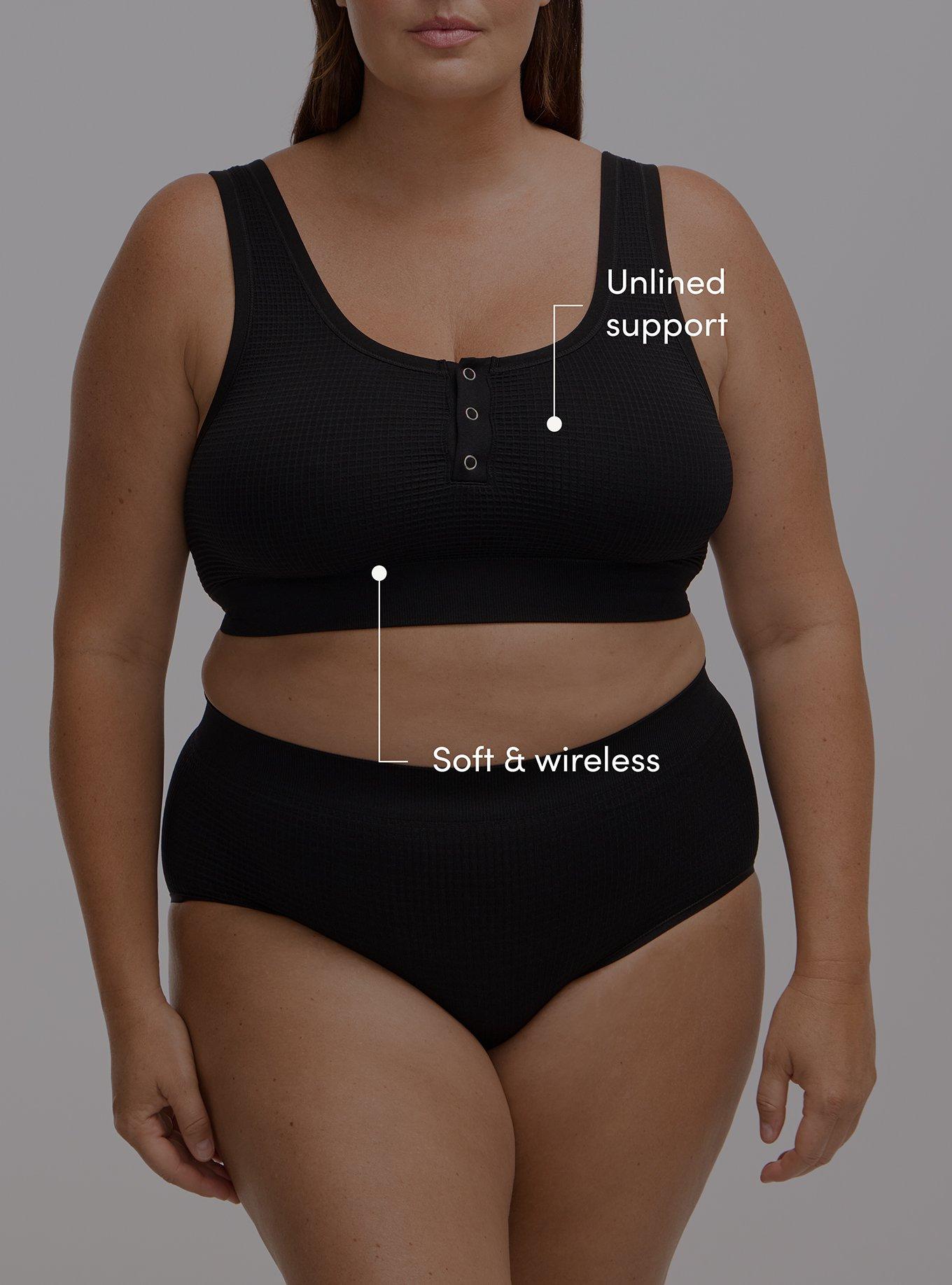 Plus Size Unlined Seamless Waffle Henley Scoop Bralette, RICH BLACK, alternate